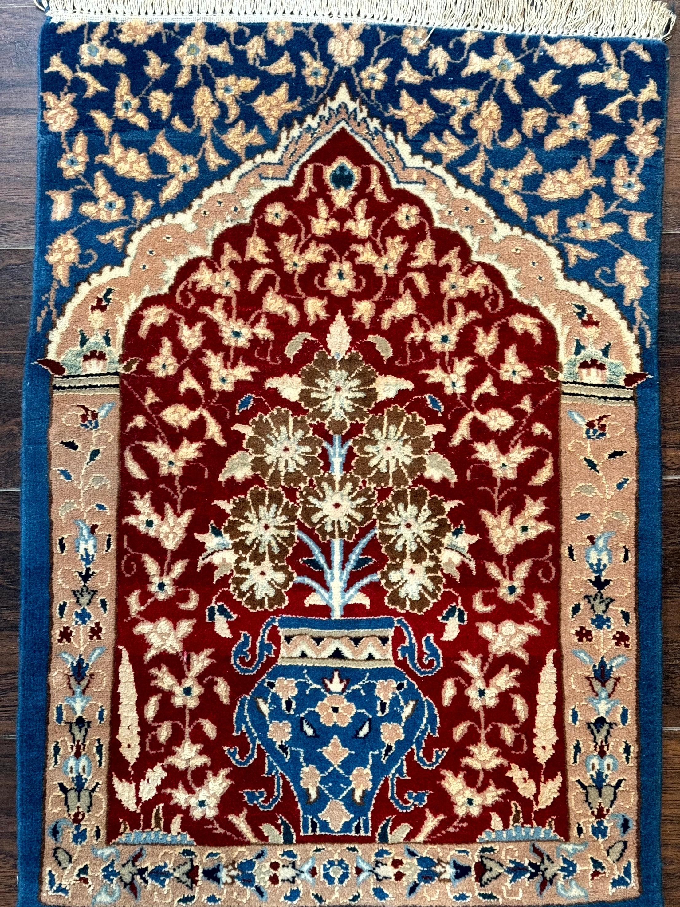 Small Persian Nain Rug, Persian Vase Tree of Life Design, Red and Blue, Very Fine 260 KPSI, Wool and Silk Highlights