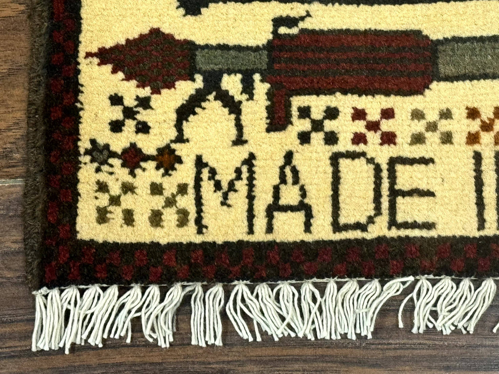 Afghan War Rug, Helicopters Tanks Guns, Handmade, Wool, 2x3