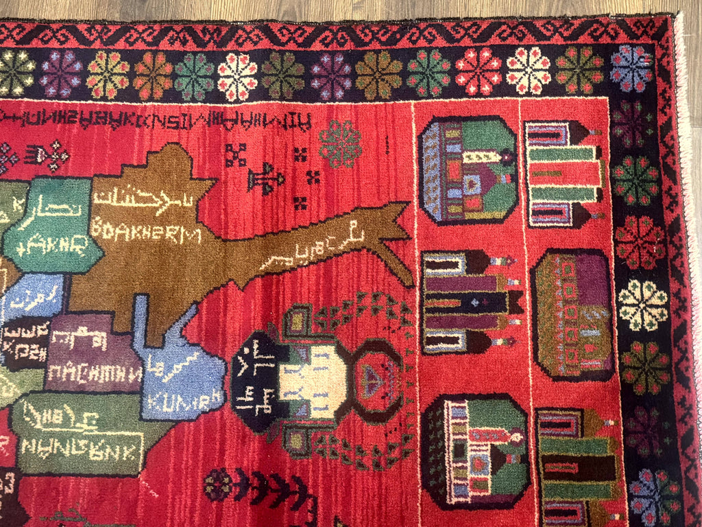 Afghan Rug 3x7, Map of Afghanistan, War Rug, Tribal Rug, Balouch Rug, New, Red