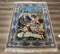 Fine Persian Isfahan Pictorial Rug 3.7 x 5, Kork Wool on Silk Foundation, Blue Persian Carpet, Hand Knotted, Humans Birds, High KPSI, Semi Antique