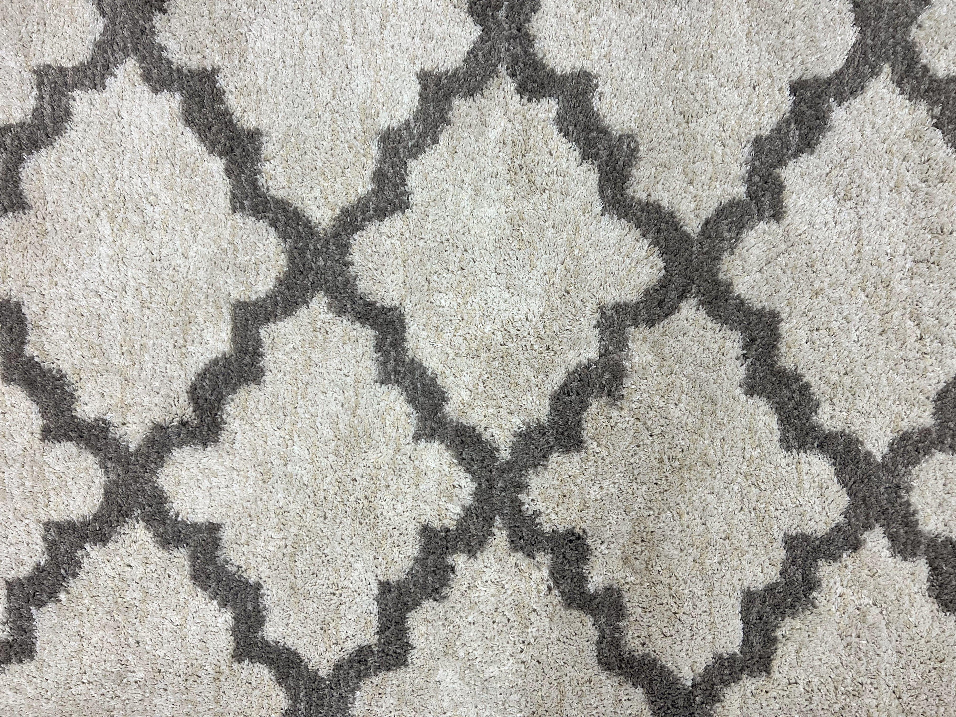 Modern Shag Rug, Ivory and Gray, Diamond Panel Design, Room Sized Area Rug