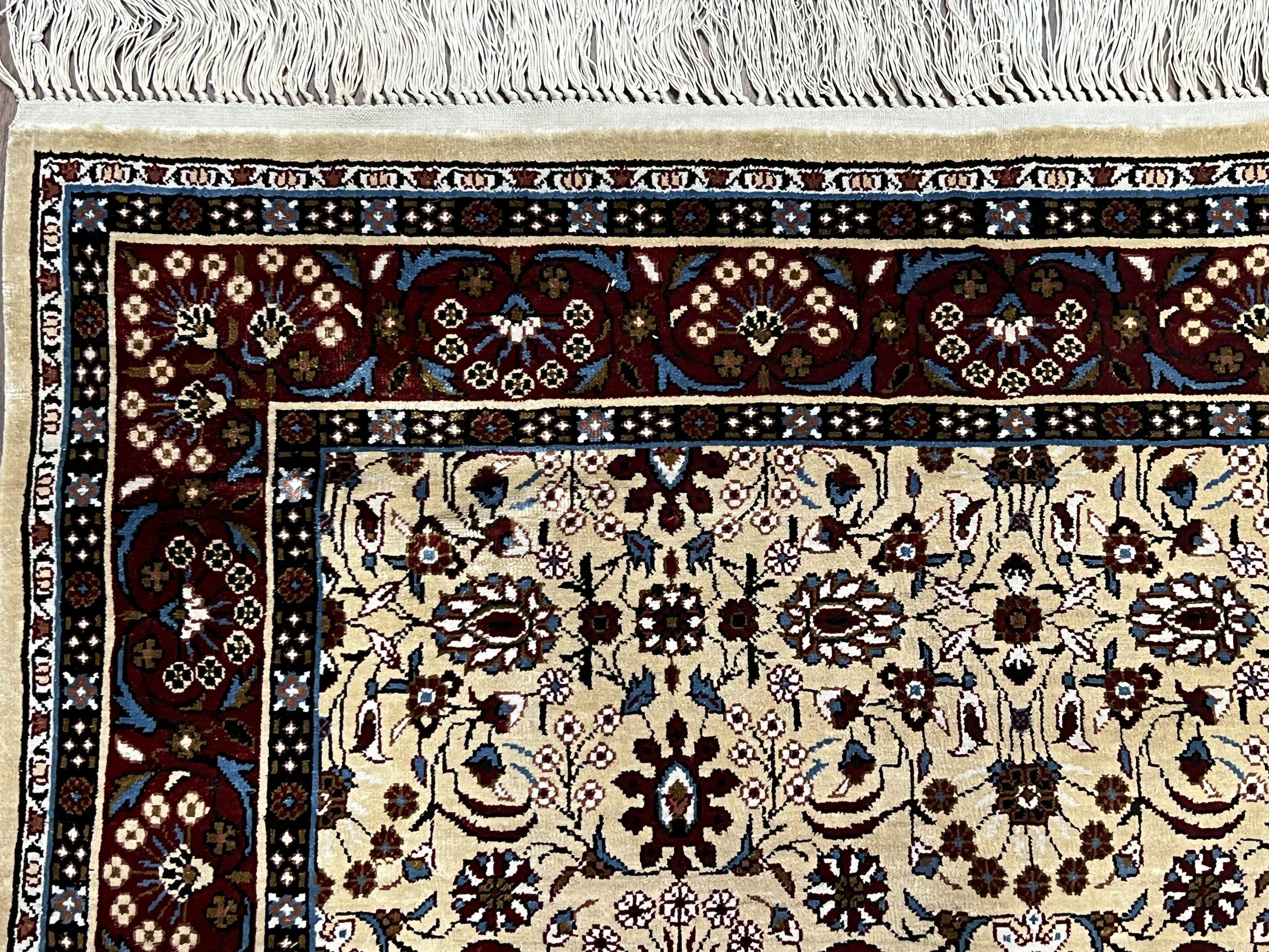 Fine Sino-Persian Silk Rug 3x5, High Quality Silk Carpet, Handmade Small Silk Rug, Allover Repeated Motif, Tan Maroon Blue Vintage Silk Rug