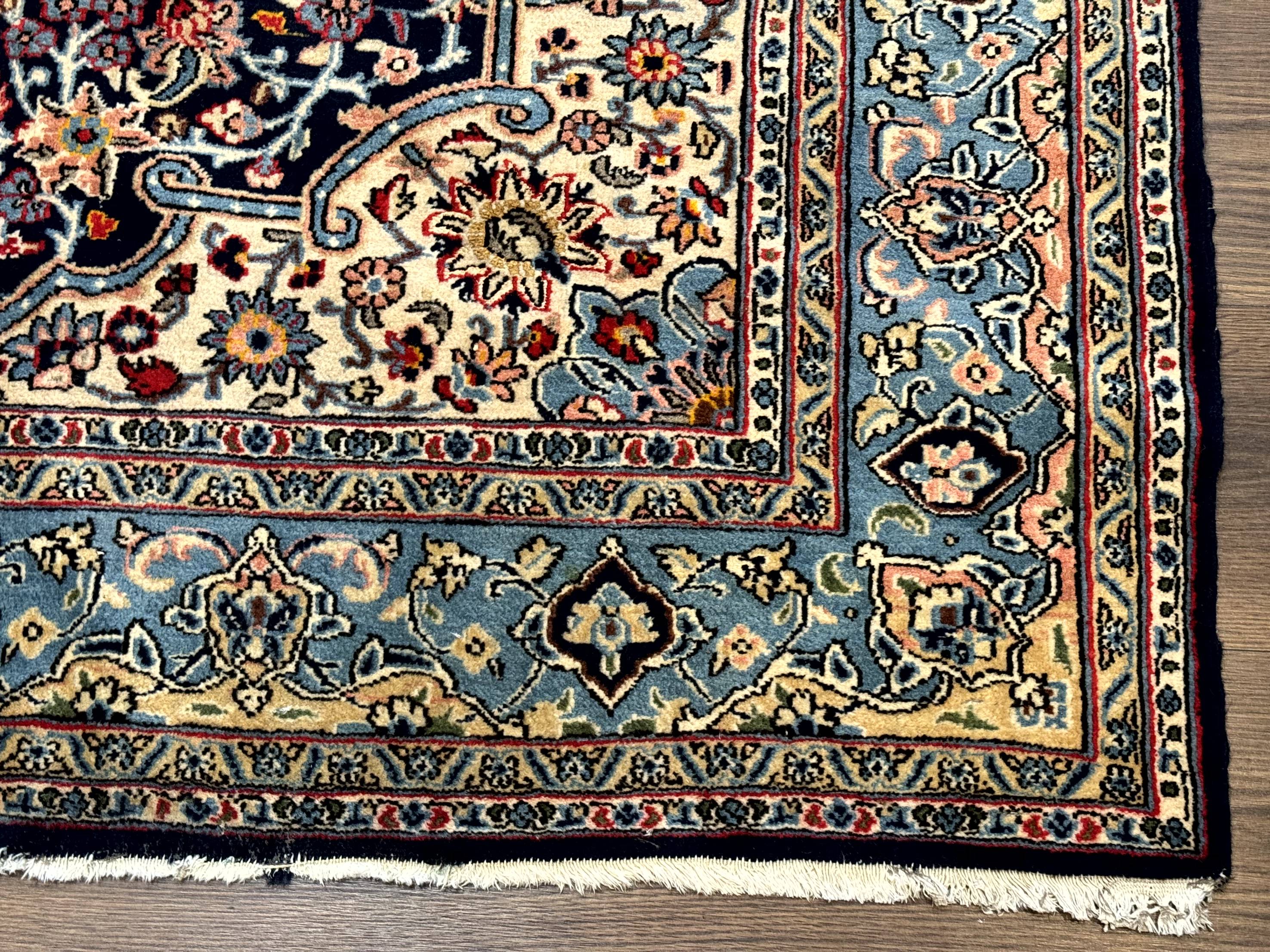 Persian Qum Rug 5x7 in Navy Light Blue and Ivory, Wool wilh Silk Highlights, 225 KPSI