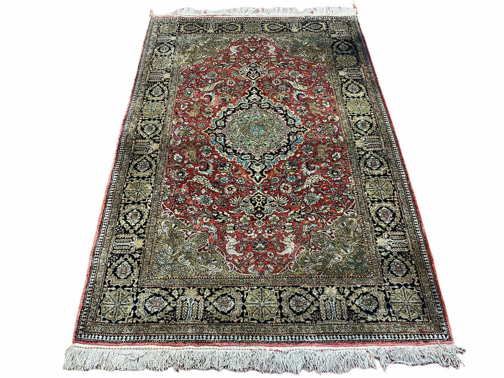 Persian Qum Silk Rug 3.8 x 5.6, Silk on Silk, Animal Pictorials, Fine 330 KPSI