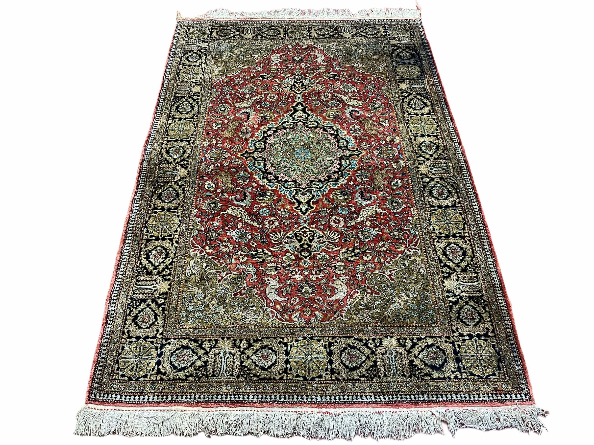 Persian Qum Silk Rug 3.8 x 5.6, Silk on Silk, Animal Pictorials, Fine 330 KPSI
