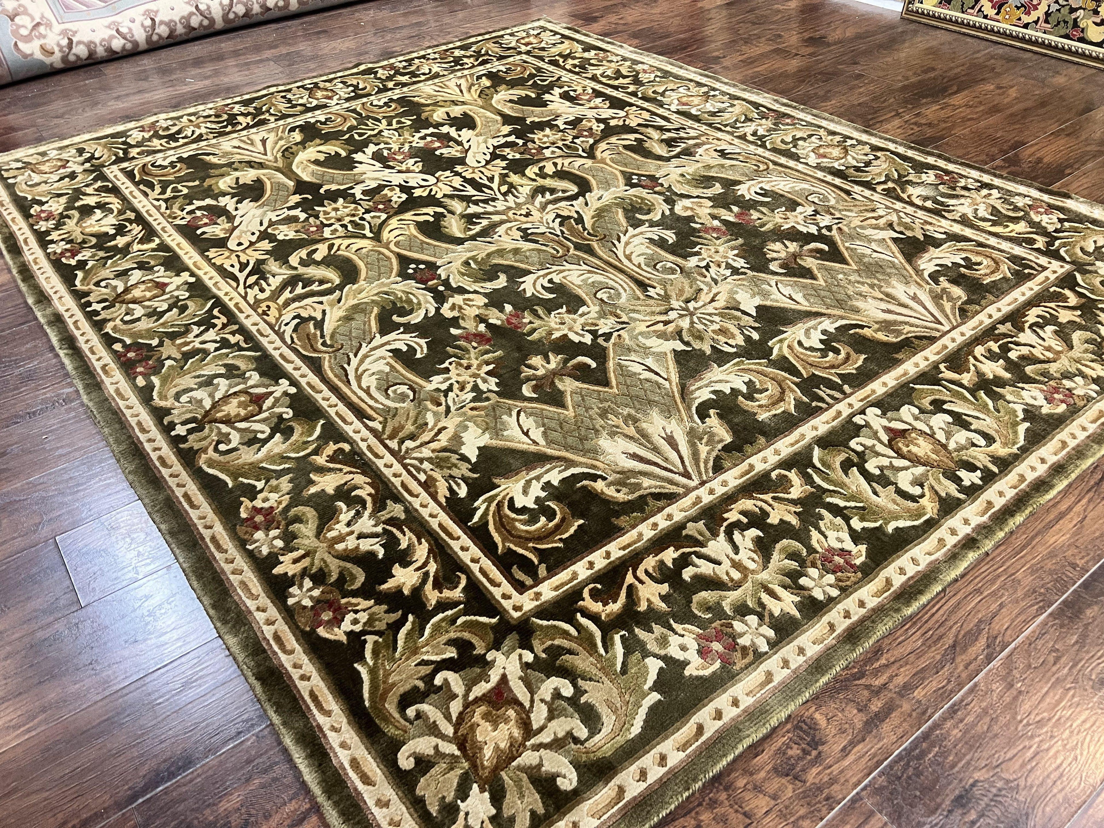 Tibetan Rug 8x10, European Design, Floral, Green, Handmade, Wool, Nepali Rug