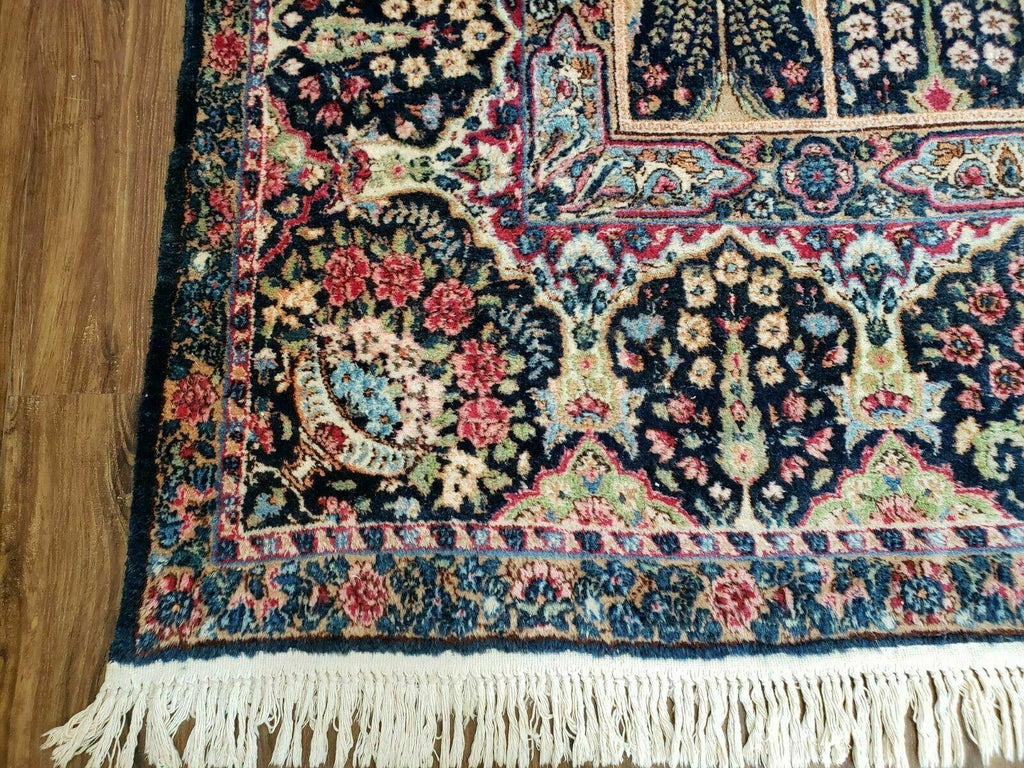 Persian Rug 10x15, Authentic Oriental Carpet 10 x 15, Wool Area Rug Panel Design Hand-Knotted Vintage Kirman Yazd Rug, Dark Blue and Beige,  Floral