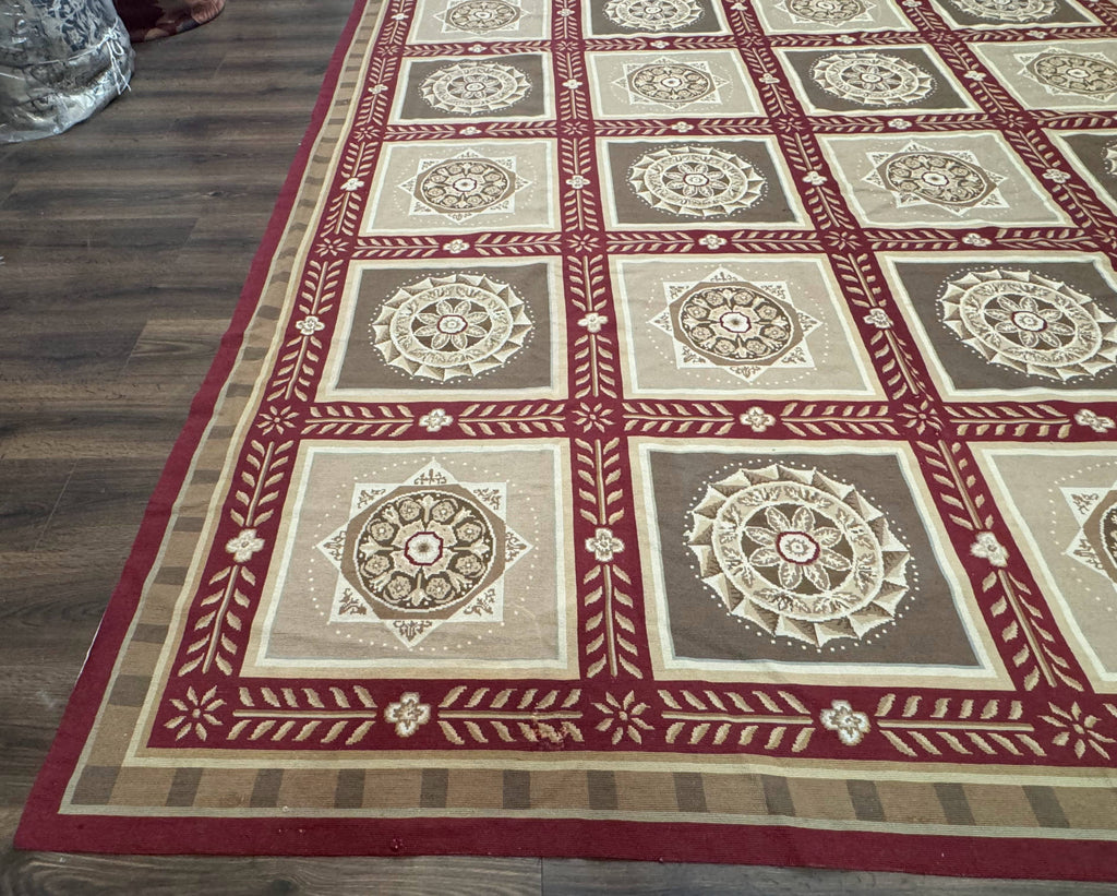 Needlepoint Rug 9x12, Panel Design, Burgundy Taupe, Elegant