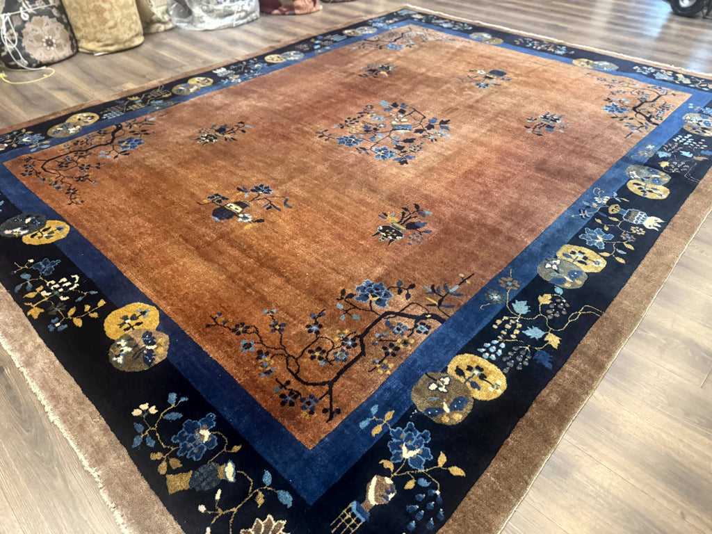 Antique Chinese Wool Rug 9x12, Light Brown and Navy Blue, Fete Peking Art Deco