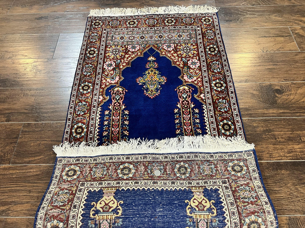 Indo Persian Prayer Rug 3x5, Fine Oriental Carpet, Dark Blue and Red, Vintage Hand Knotted Handmade Prayer Rug
