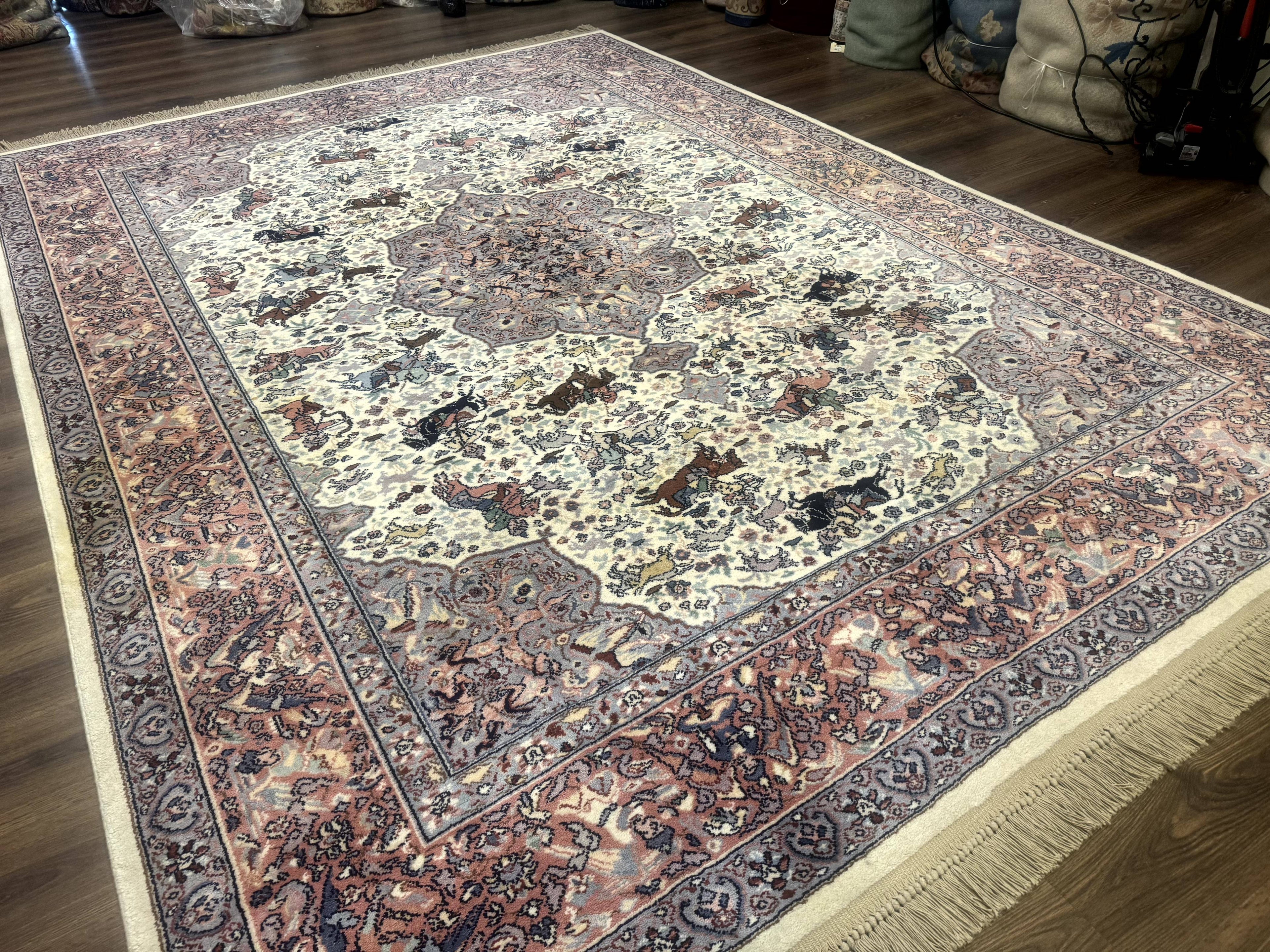 8.8 x 12 Karastan Ivory Hunting Rug #751, Vintage Wool Discontinued Original 700 Series, Rare