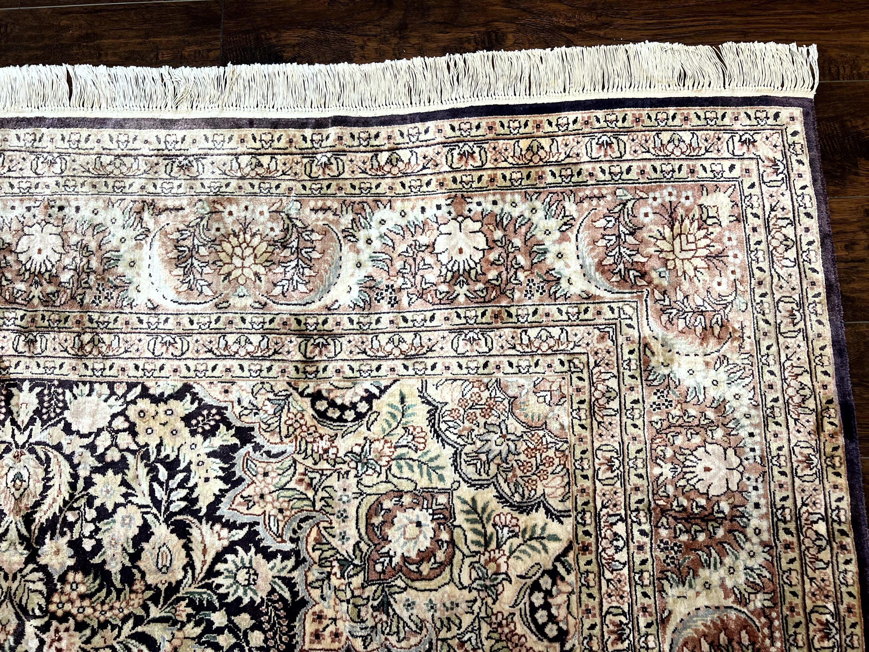 Silk Indian Kashmiri Rug 8x10, Floral Medallion, Indo Persian Carpet, Handmade Vintage Silk Rug