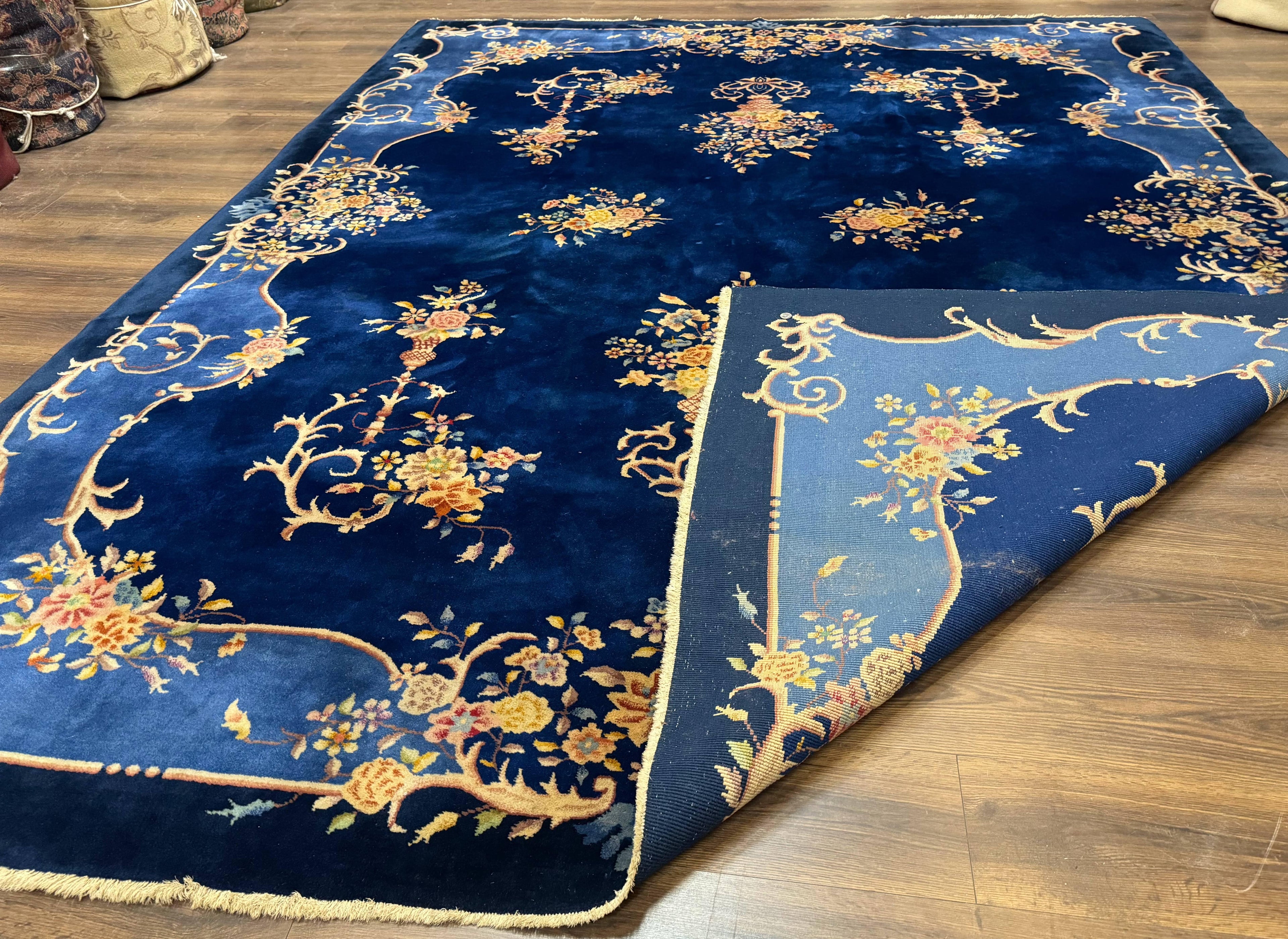 Blue Chinese Art Deco Rug 9x12, Vintage Antique Chinese Wool Rug, Chinese Fette Rug