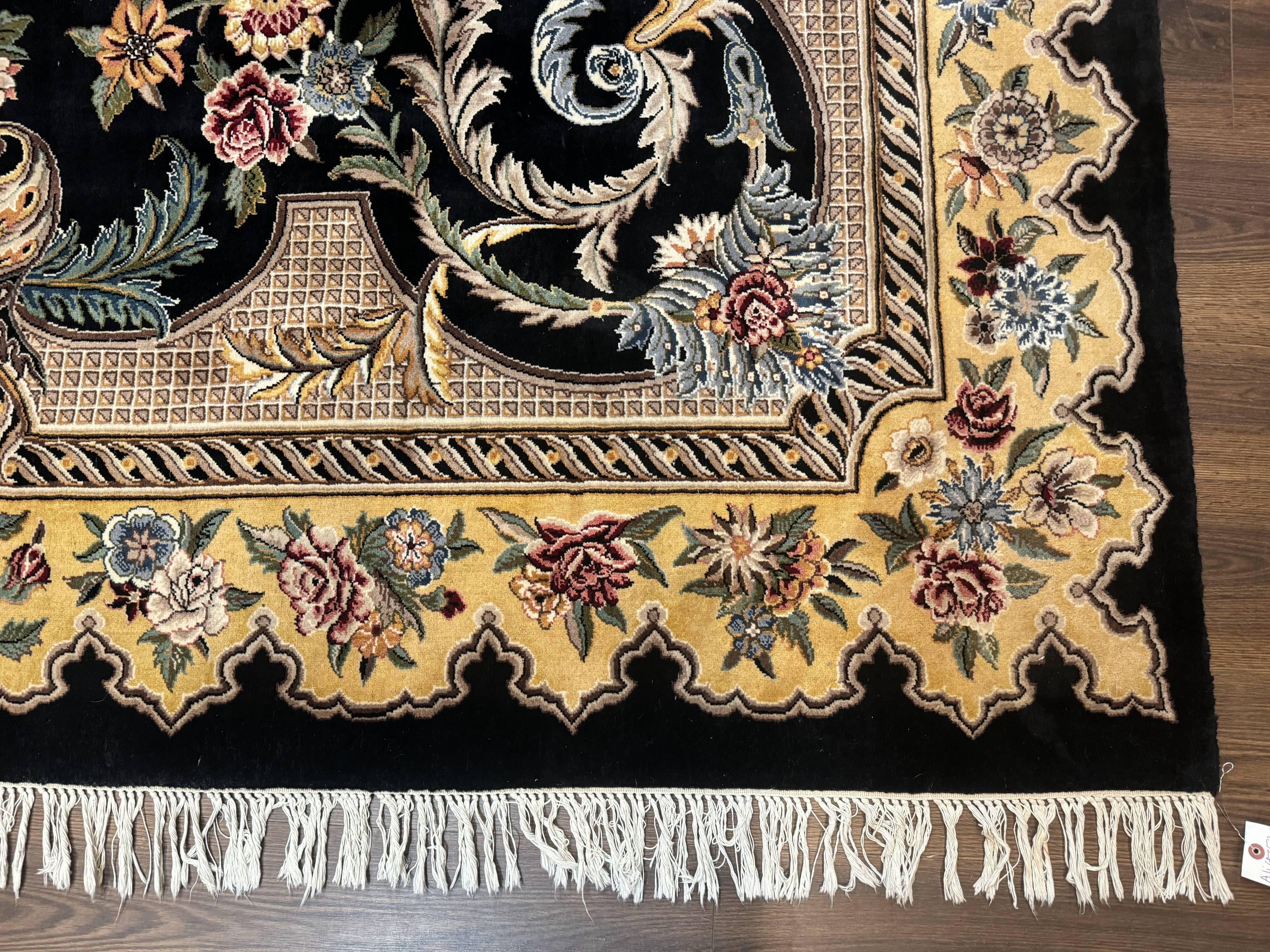 Aubusson Rug 9x12, Black and Beige, Floral, Elegant Handmade French European Design Carpet