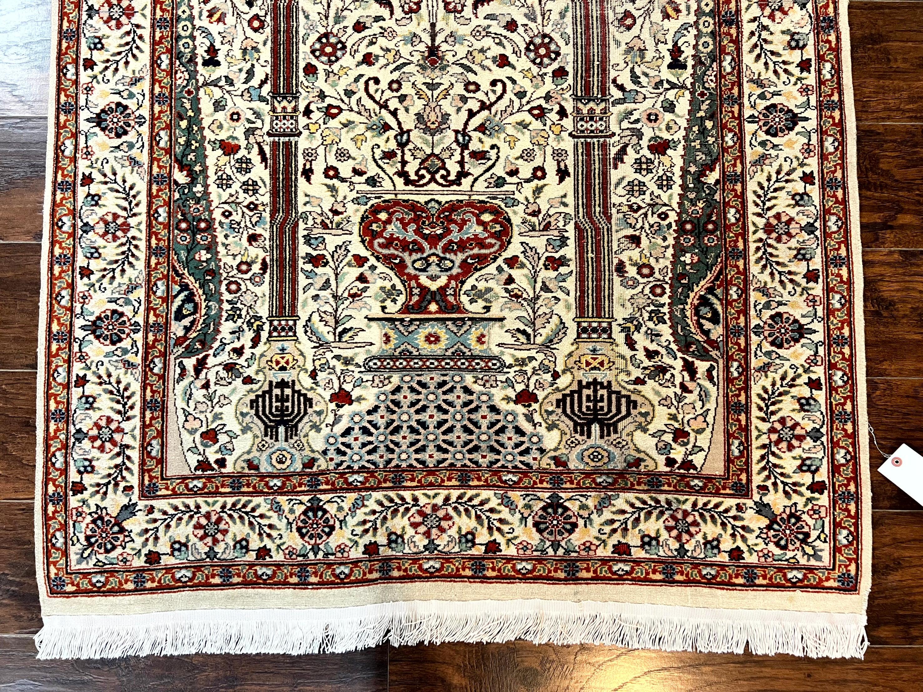 Pak Perisan Prayer Rug 4x6, Tree of LIfe Carpet, Handmade Vintage Wool Rug, Beige, Floral Vases