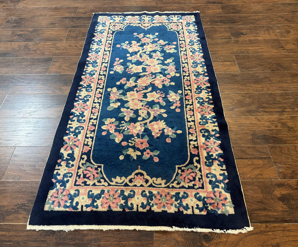 Chinese Rug 3x6, Peking Rug, Blue Chinese Wool Rug, Fete Rug