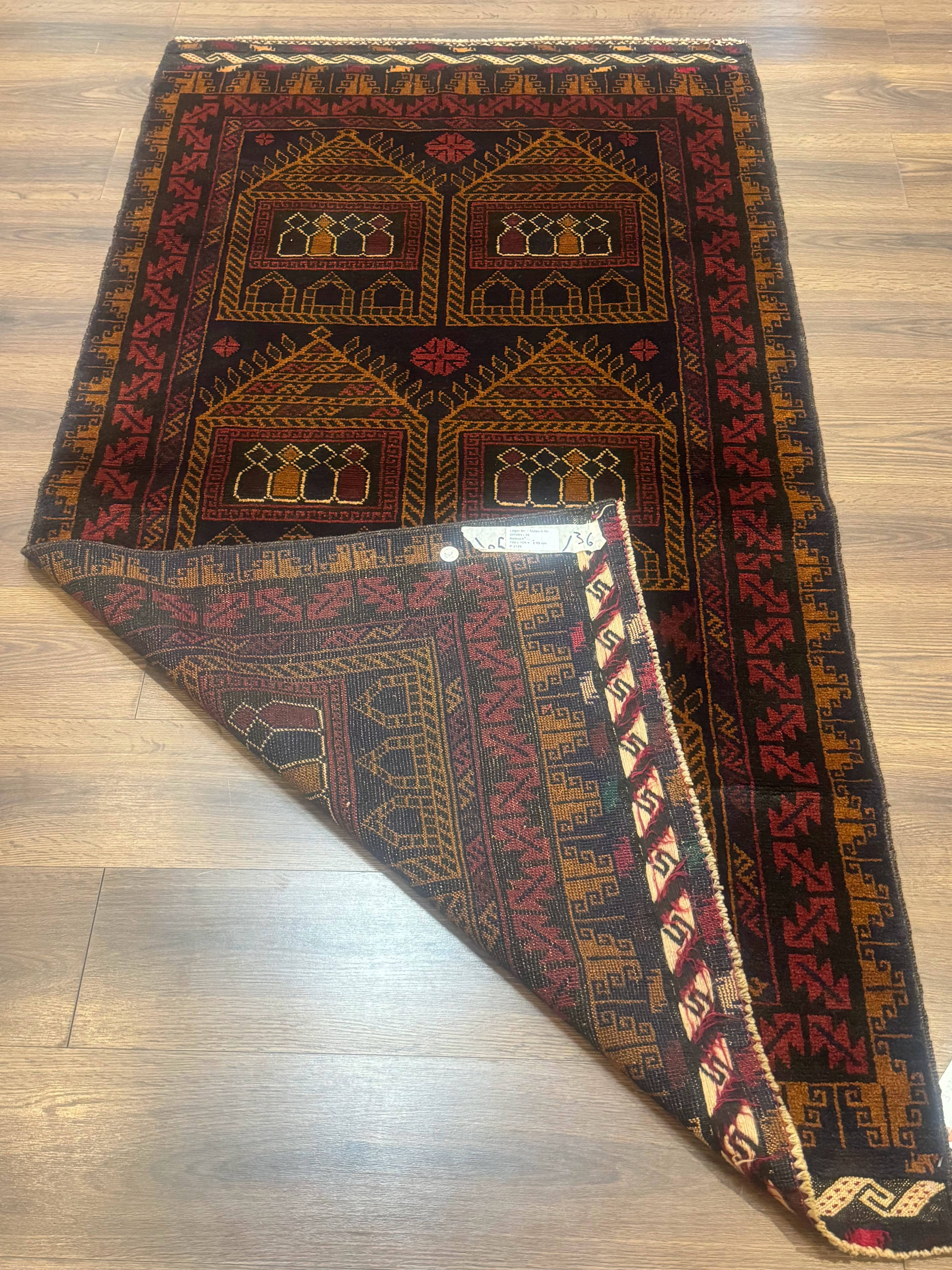 Afghan Rug 3x7, Navy Blue, Tribal Rug, Balouch Carpet, New