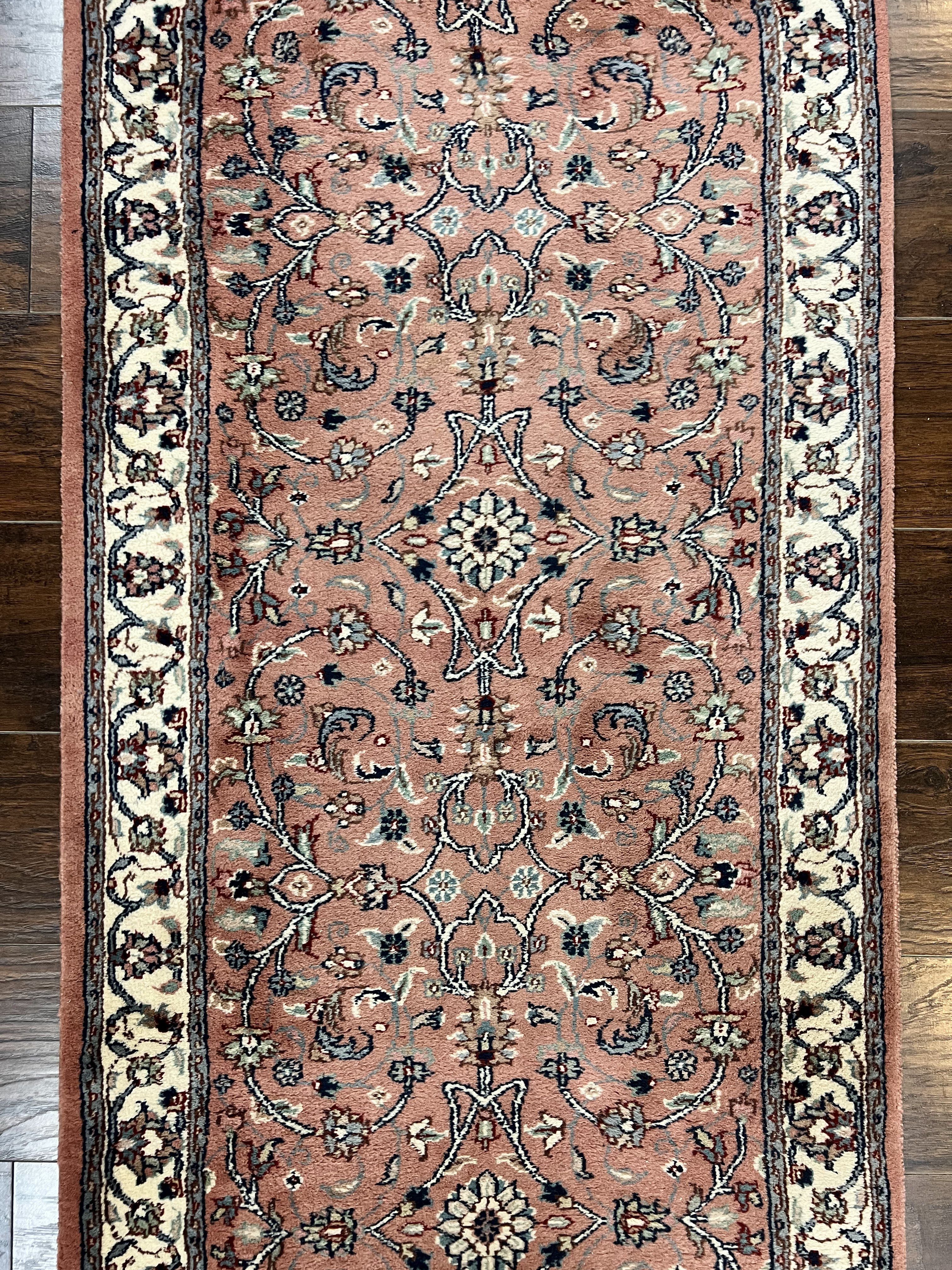 Indo Persian Runner Rug 2.6 x 10, Wool Hand Knotted Vintage Oriental Carpet, Pink & Ivory, Floral Allover, Hallway Rug