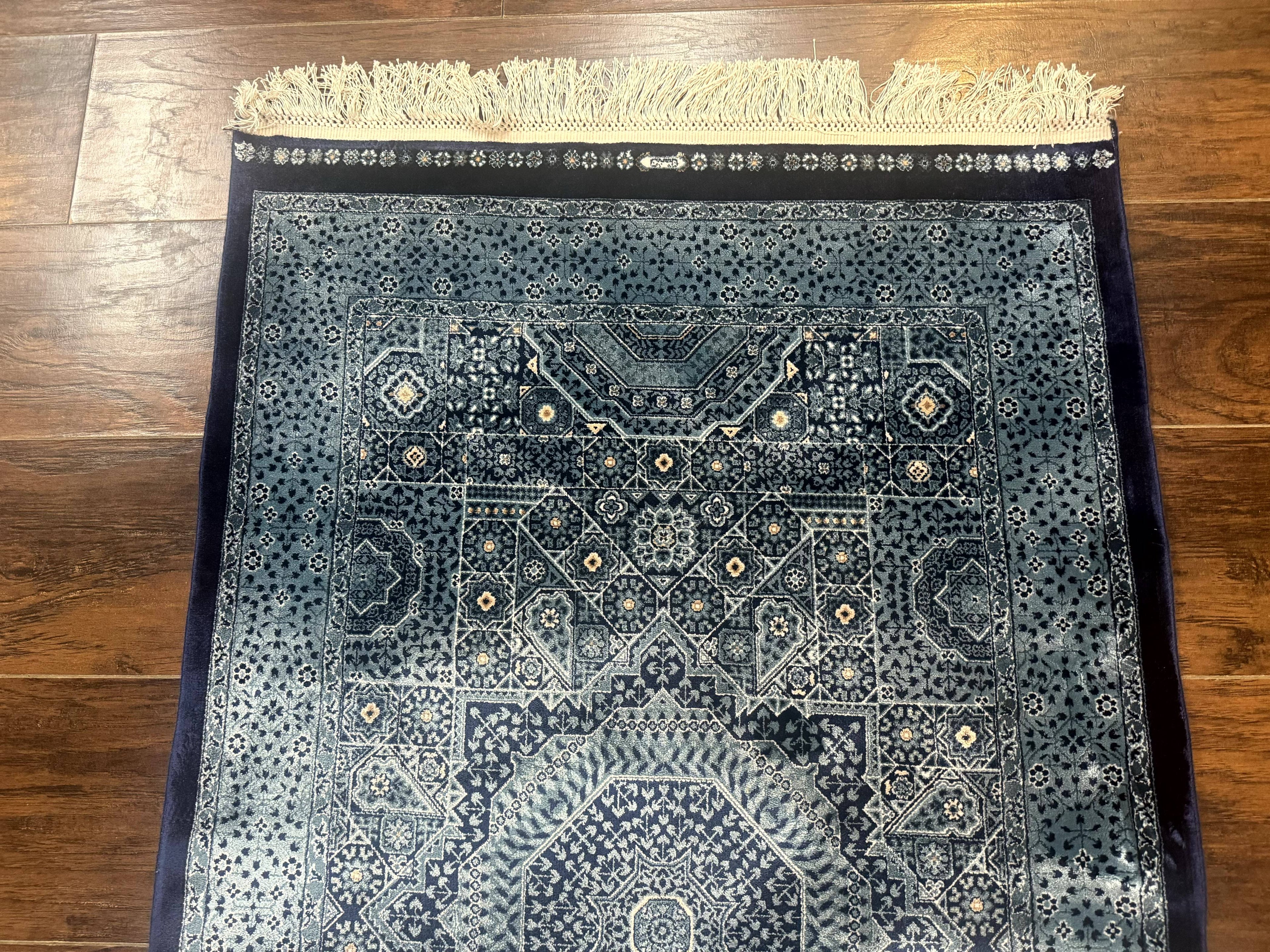 Blue Turkish Silk Hereke Rug 2.6 x 4, Mamluk Red, Blue, Bamboo Silk