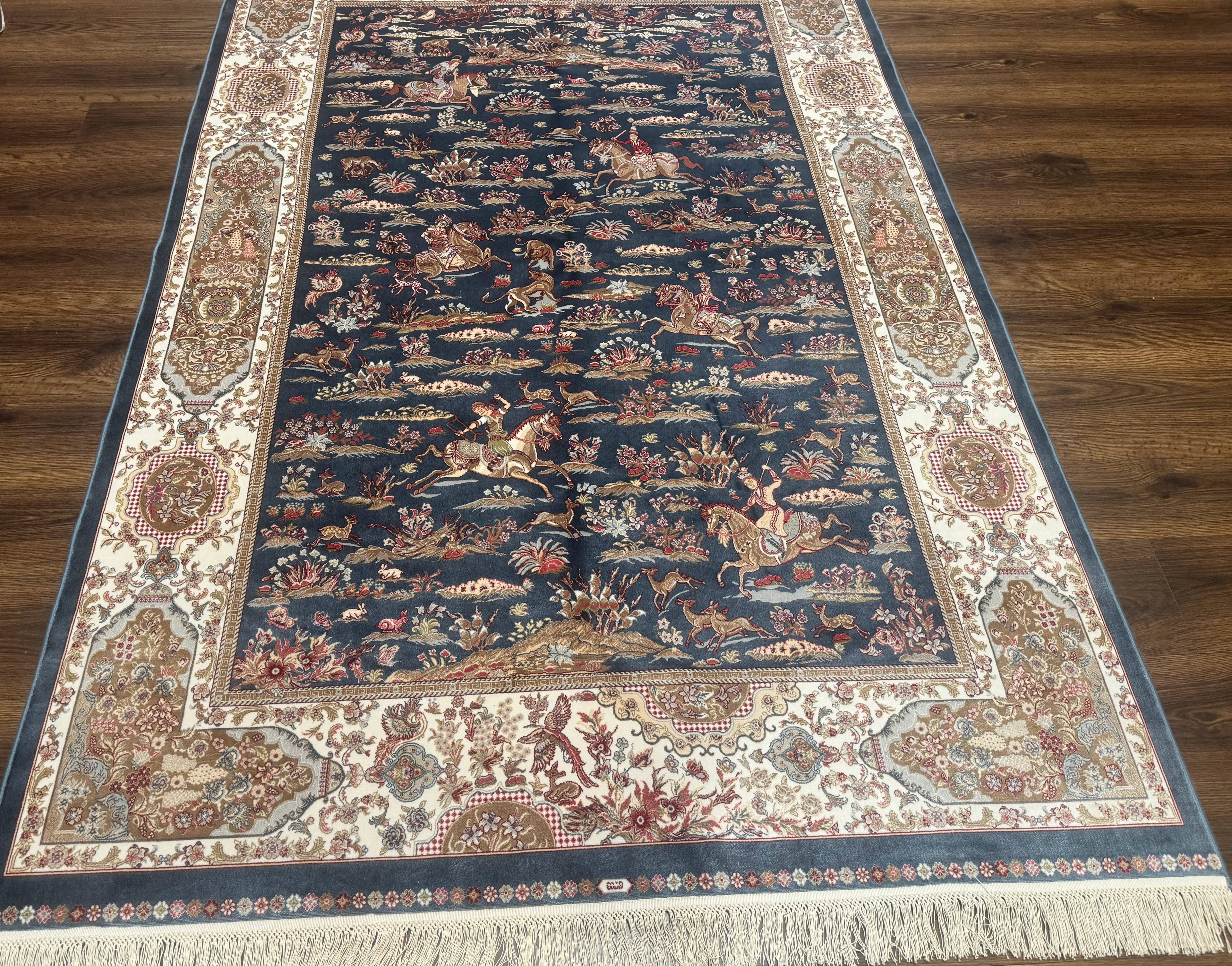 Turkish Silk Rug 5x8, Hunting Design, Animal Pictorials, Steel Blue & Ivory, Bamboo Silk