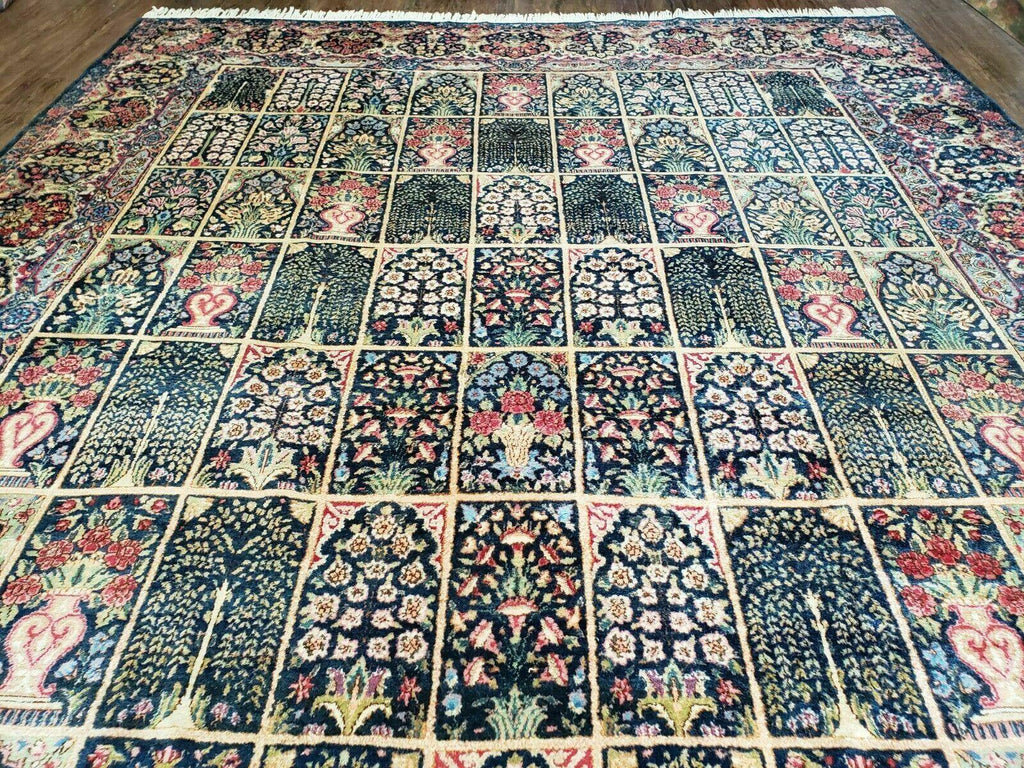 Persian Rug 10x15, Authentic Oriental Carpet 10 x 15, Wool Area Rug Panel Design Hand-Knotted Vintage Kirman Yazd Rug, Dark Blue and Beige,  Floral