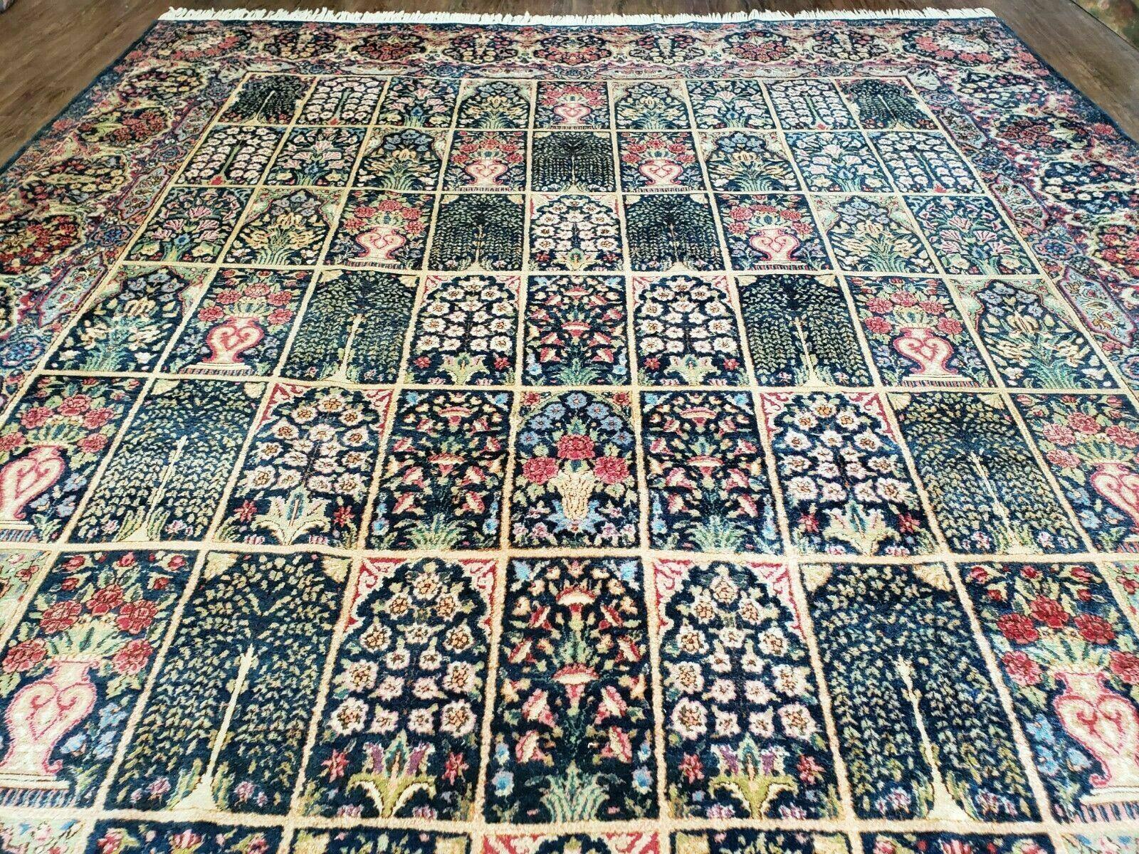 Persian Rug 10x15, Authentic Oriental Carpet 10 x 15, Wool Area Rug Panel Design Hand-Knotted Vintage Kirman Yazd Rug, Dark Blue and Beige,  Floral