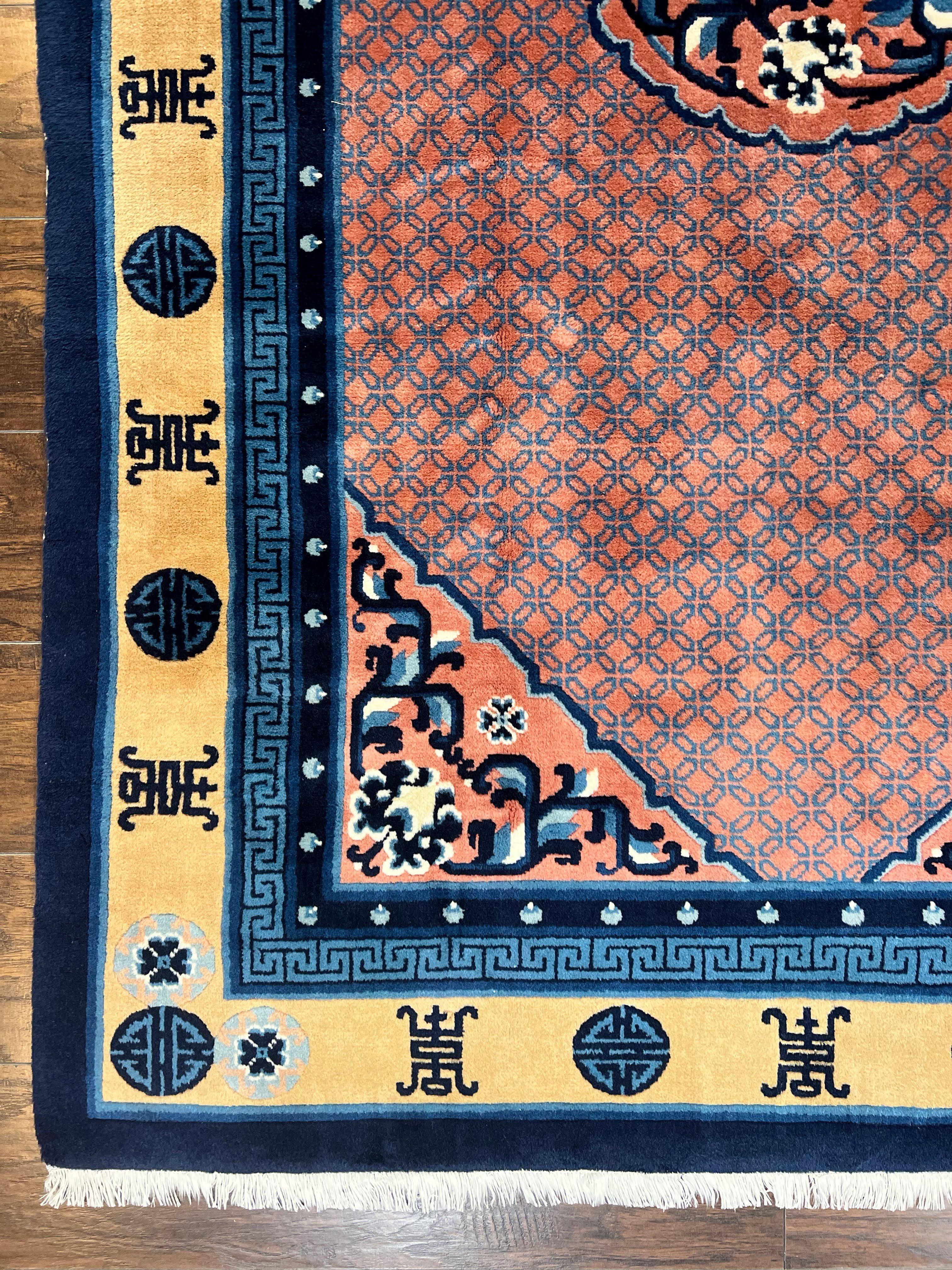Chinese Peking Rug 5x8, Vintage Semi Antique Chinese Art Deco Carpet, Wool Pile Light Red/Salmon Gold Navy Blue, Handmade Asian Oriental Rug
