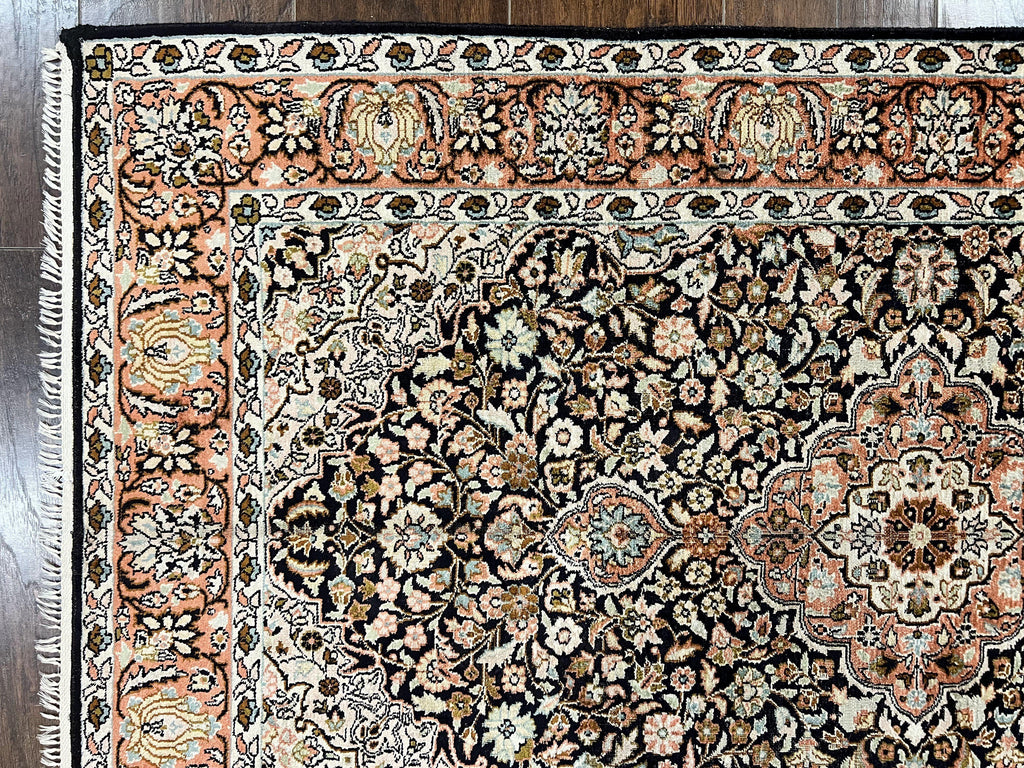 Silk Indian Kashmiri Rug 3x5, Indo Persian Silk on Silk Carpet, Very Fine 350 KPSI, Navy Blue, Handmade, Floral Medallion