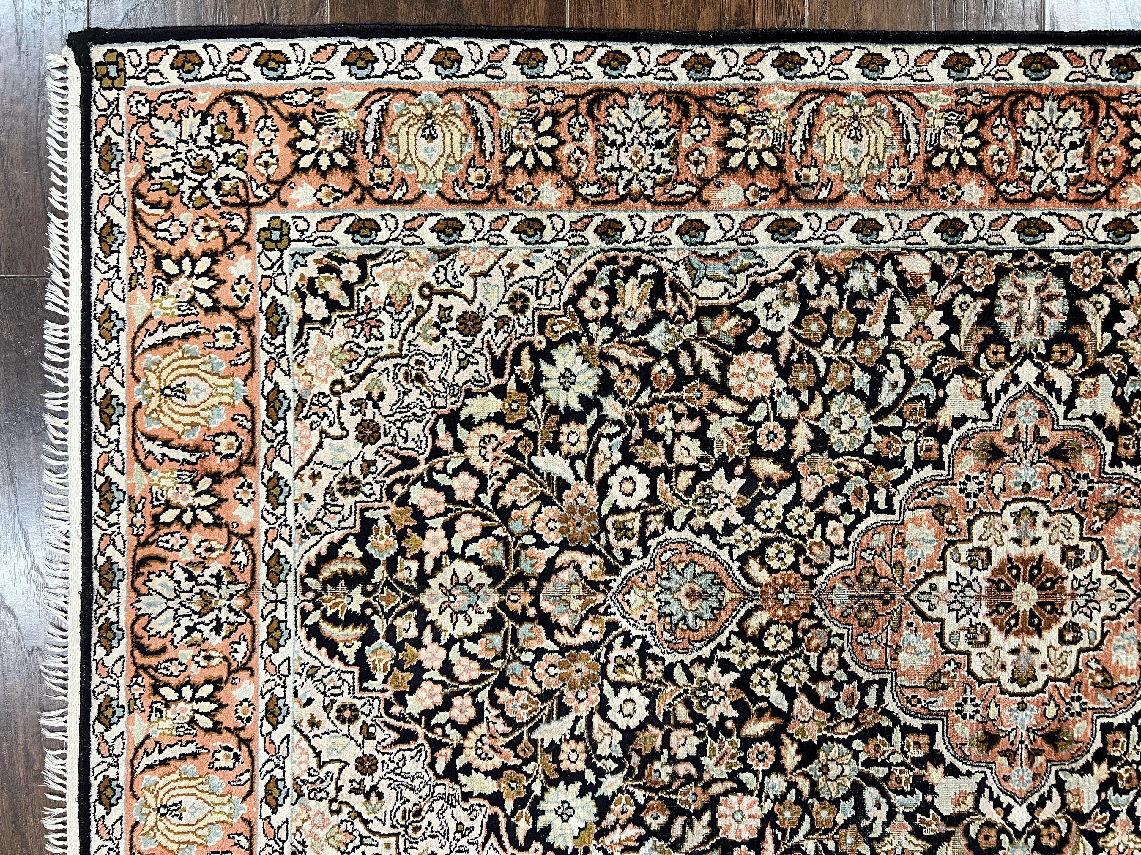 Silk Indian Kashmiri Rug 3x5, Indo Persian Silk on Silk Carpet, Very Fine 350 KPSI, Navy Blue, Handmade, Floral Medallion