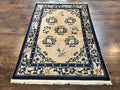 Chinese Peking Rug 4x6, Wool Hand Knotted Handmade Vintage Semi Antique Carpet, Semi Open Field, Light Peach & Navy Blue, Art Deco Rug