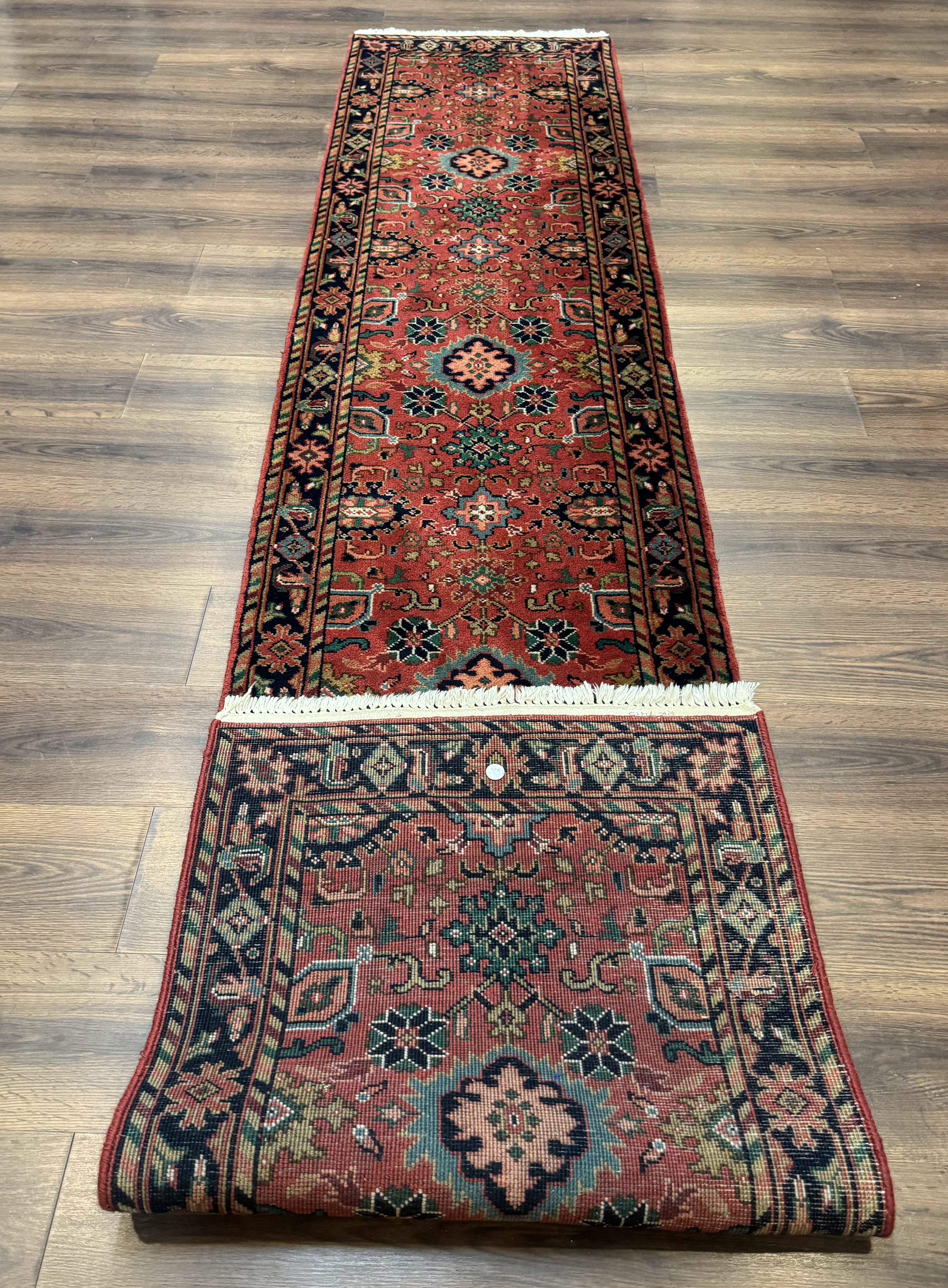 Indo Persian Heriz Runner Rug 2 x 12 ft, Hand Knotted Wool Hallway Rug, Red & Black