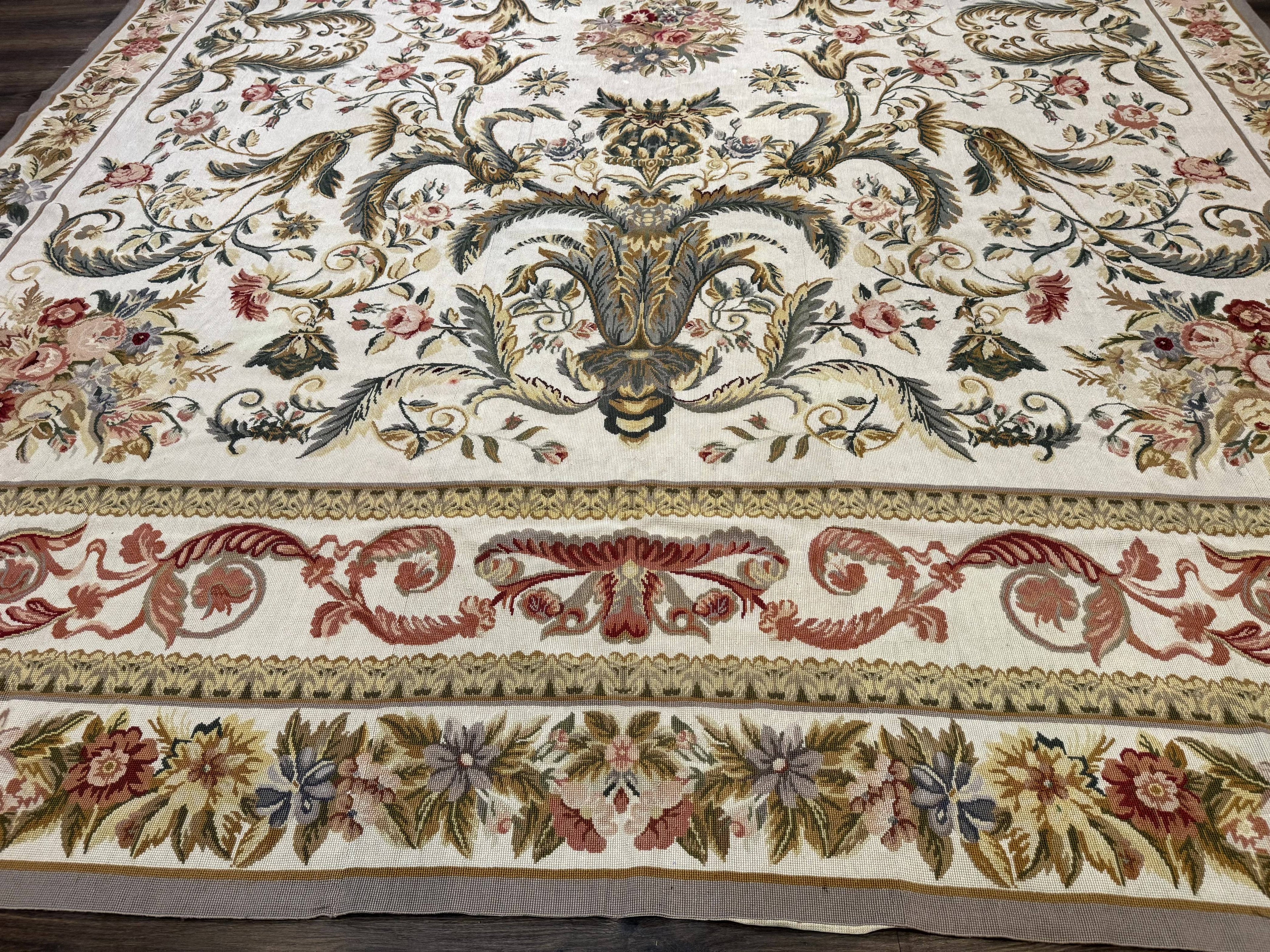 Aubusson Needlepoint Rug 10x14, Elegant European French Carpet, Vintage Carpet
