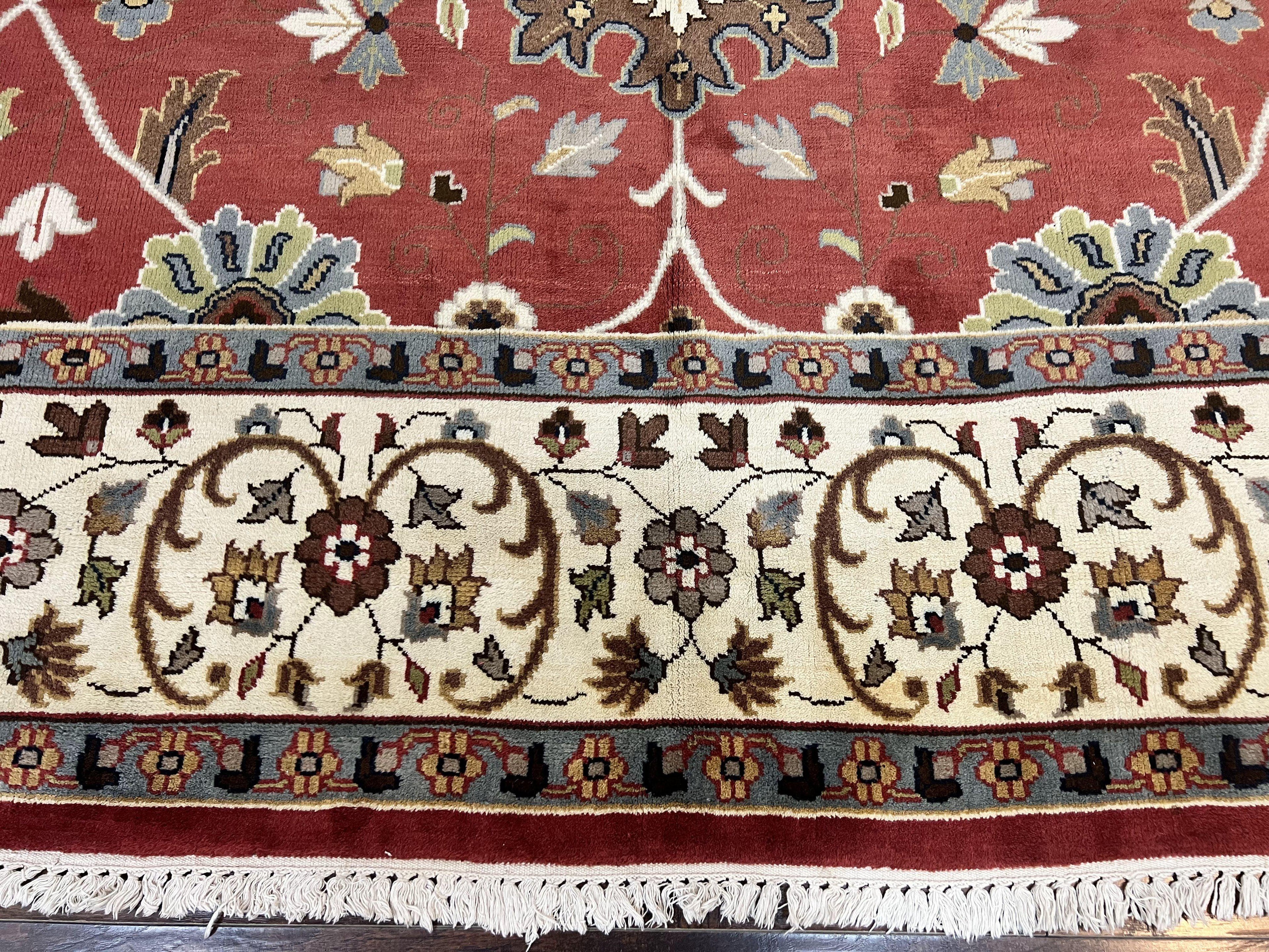 Indo Persian Rug 9x12, Wool Hand Knotted Vintage Carpet, Red & Ivory, Floral Allover, 9 x 12 Room Sized Rug