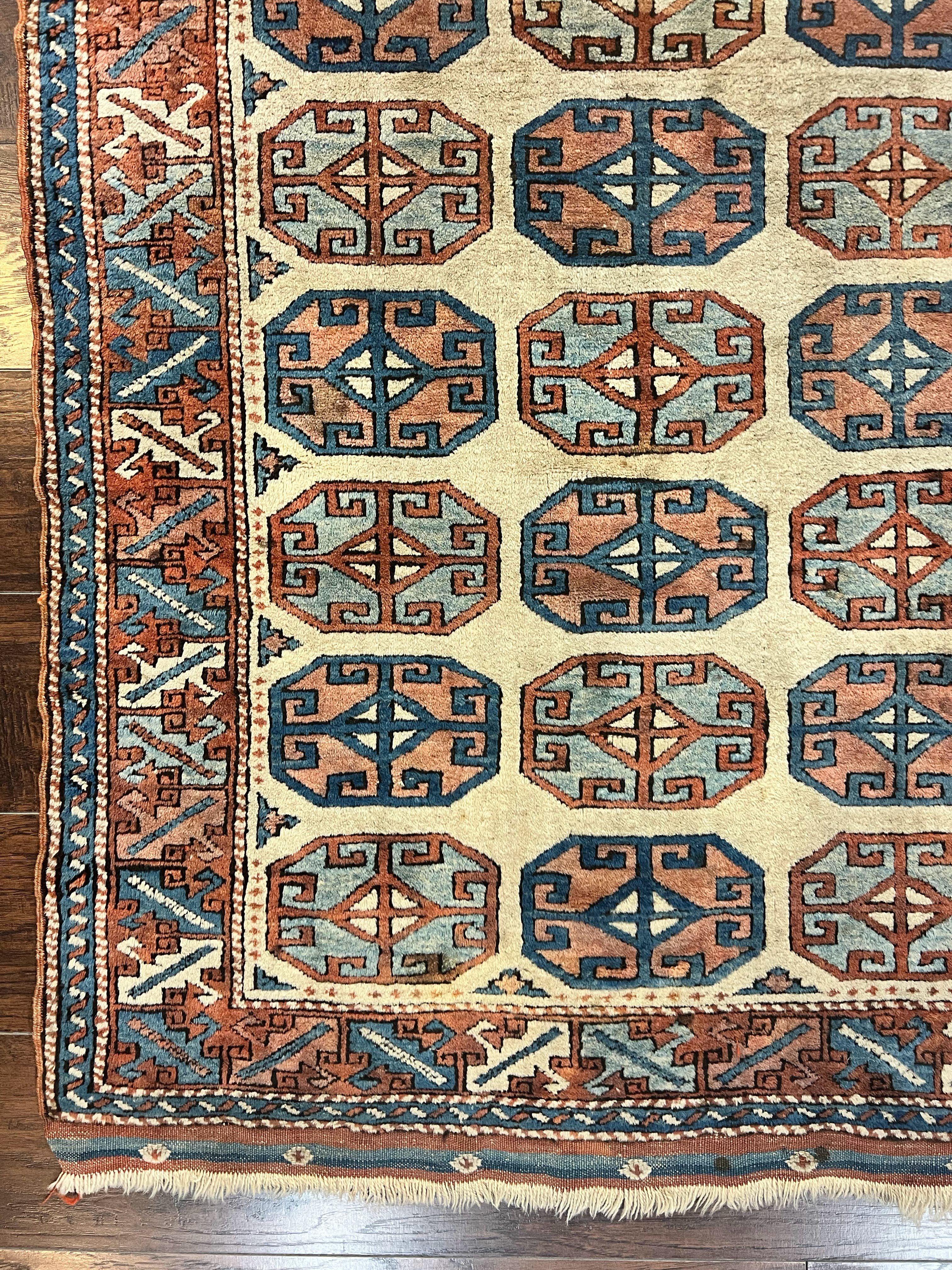 Turkish Kazak Rug 3x4, Wool Hand Knotted Handmade Vintage Carpet, Geometric Tribal Repeated Motif, Small 3 x 4 Antique Rug, Cream Red