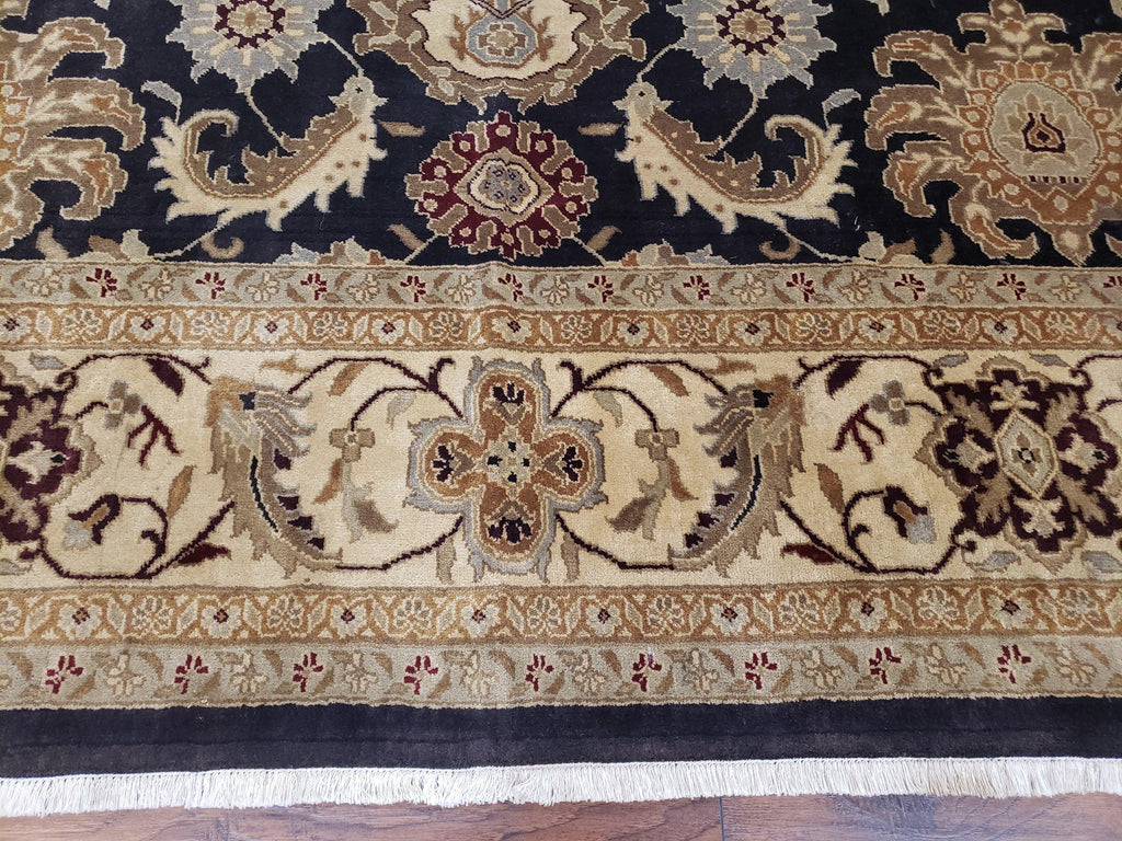 Indo Mahal Rug 8x12, Indian Sultanabad Handmade Area Rug, Vintage Hand-Knotted Wool Black Floral Traditional Oriental Dinning Room Rug