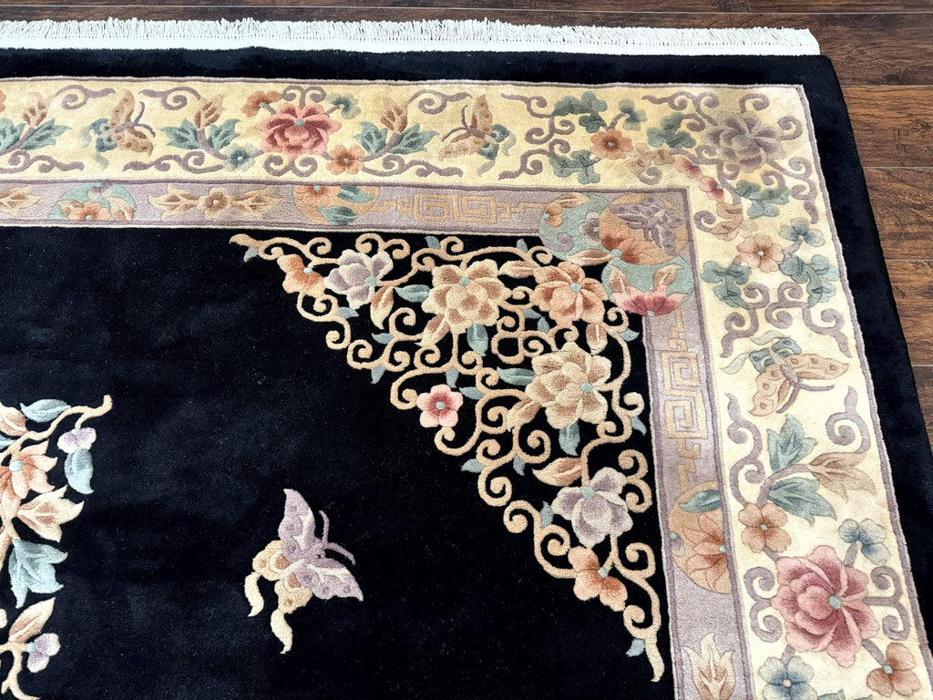 Chinese Wool Rug 9x12, Chinese Carving Carpet, Floral Medallion, Black and Beige, Butterflies, Vintage Asian Oriental Rug, 90 Line Rug