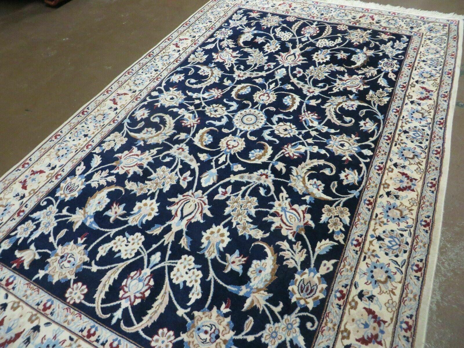 Persian Nain Rug 4x7, Navy Blue and Ivory, Handmade, Wool & Silk Highlights, Fine Oriental Rug, Vintage