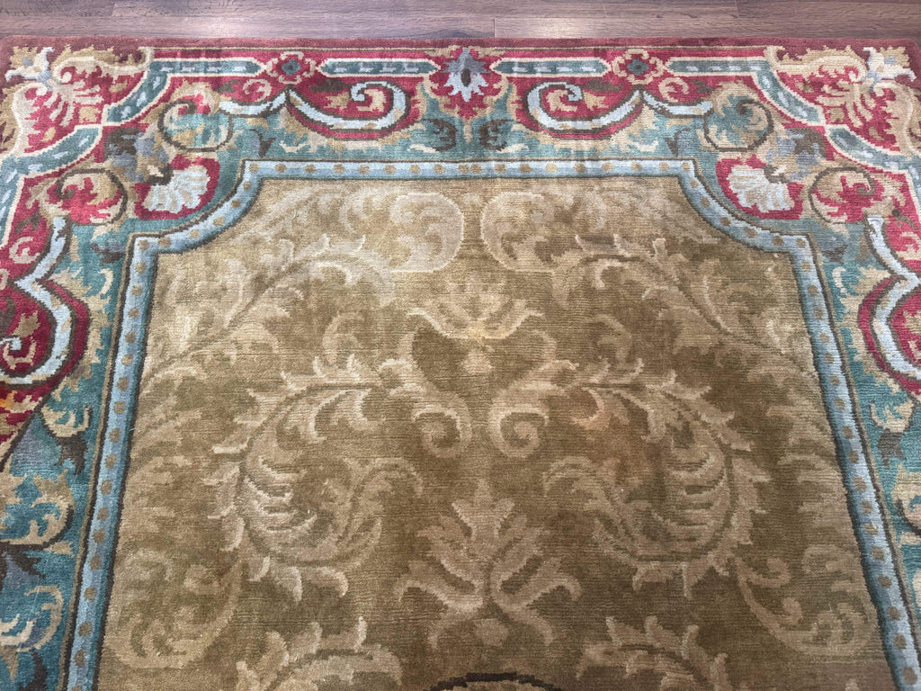 Tibetan Aubusson Rug 6x9, Gold-Beige, Soft Wool Pile, Handmade
