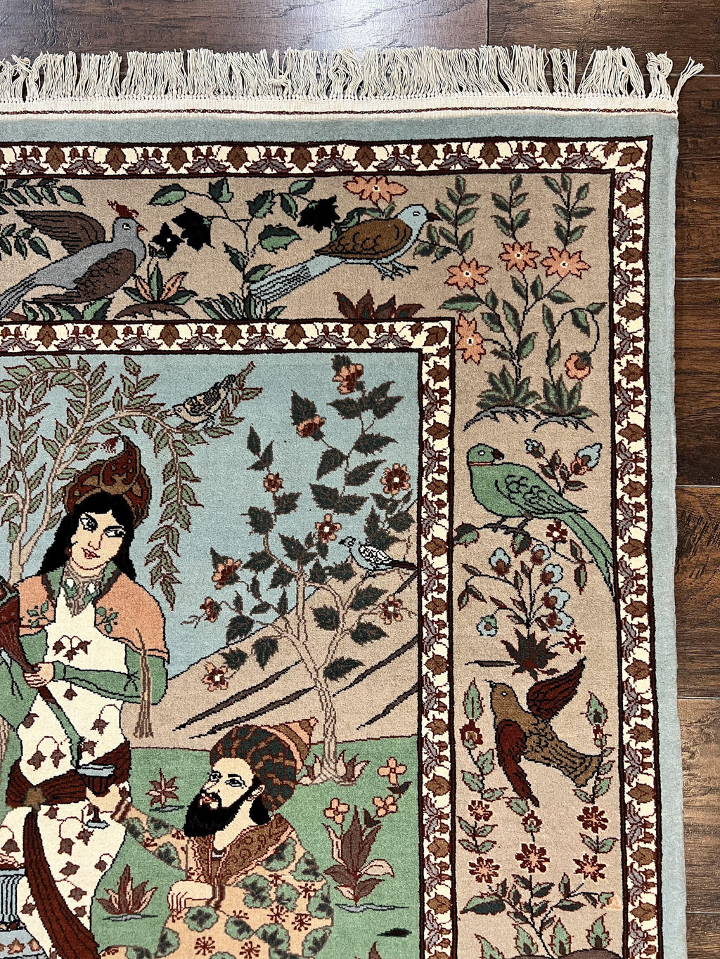 Indo Persian Pictorial Rug 4x7, Handmade Hand Knotted Wool Semi Antique Horizontal Carpet, Men & Women Drinking, Fine Rug, Bird Pictorials