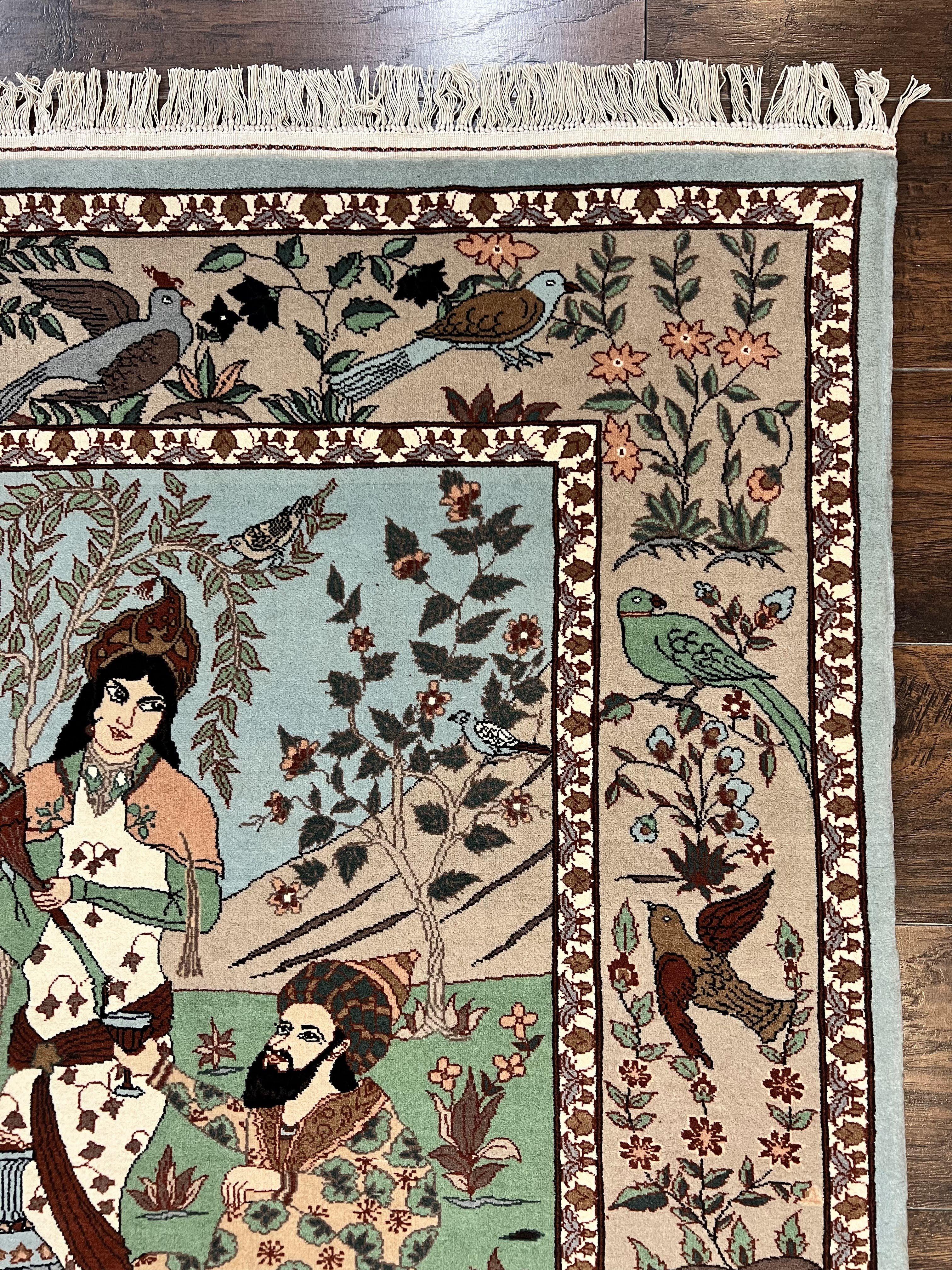 Indo Persian Pictorial Rug 4x7, Handmade Hand Knotted Wool Semi Antique Horizontal Carpet, Men & Women Drinking, Fine Rug, Bird Pictorials