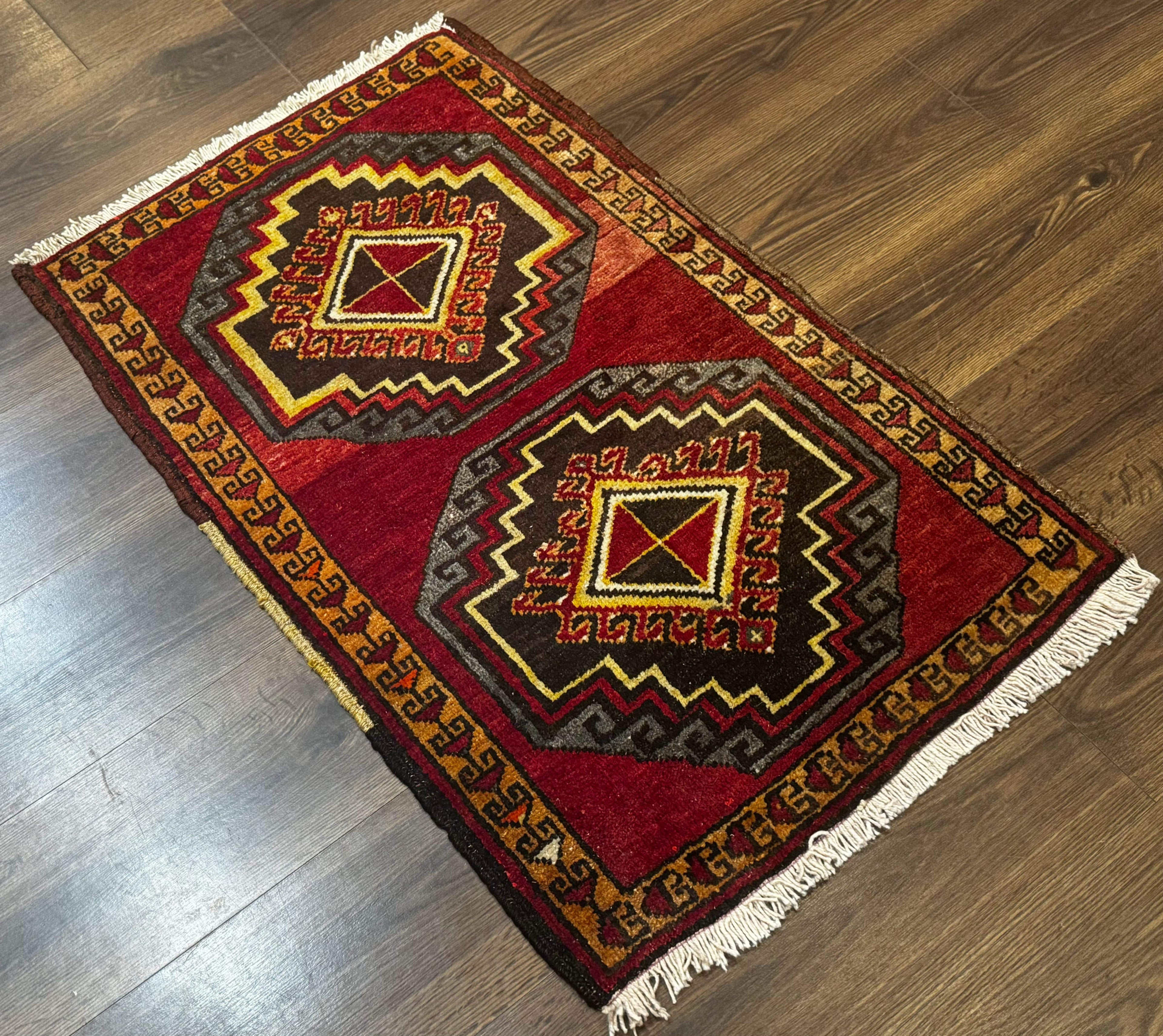 Small Antique Turkish Yastik Rug 2x3, Double Medallions, Geometric, Red, Wool