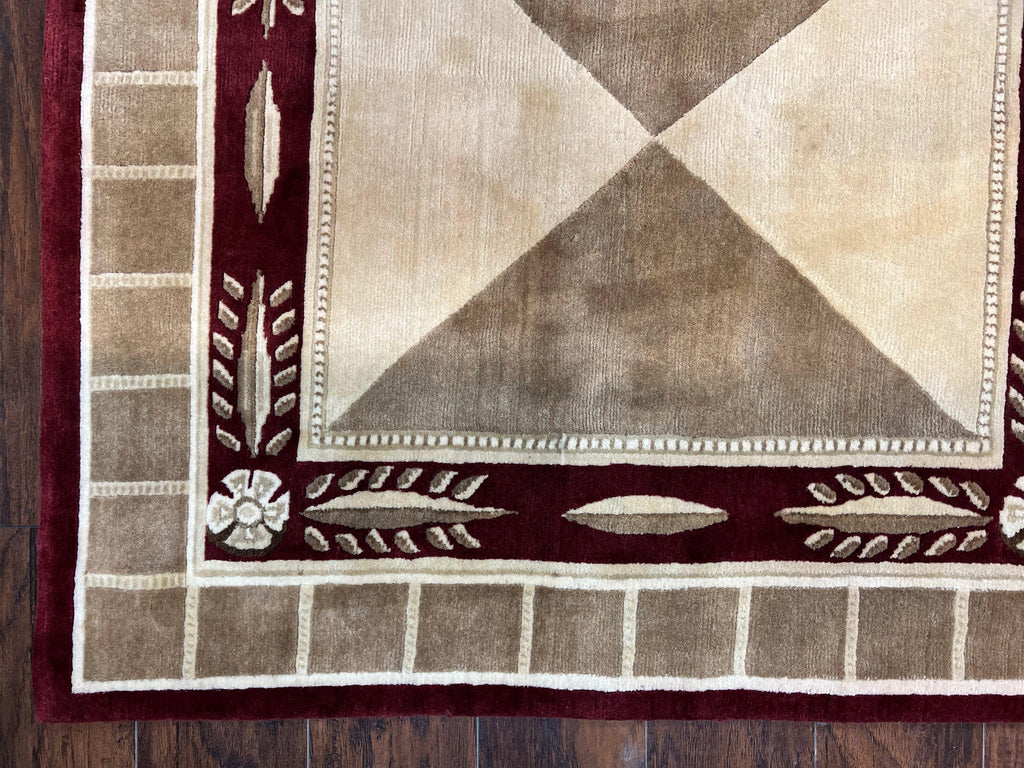 Indo Tibetan Rug 10x14, Nepali Carpet, Large Soft Wool Area Rug, Olive Tan Maroon, Contemporary Rug 10 x 14 ft Living Room Rug, Handmade Rug
