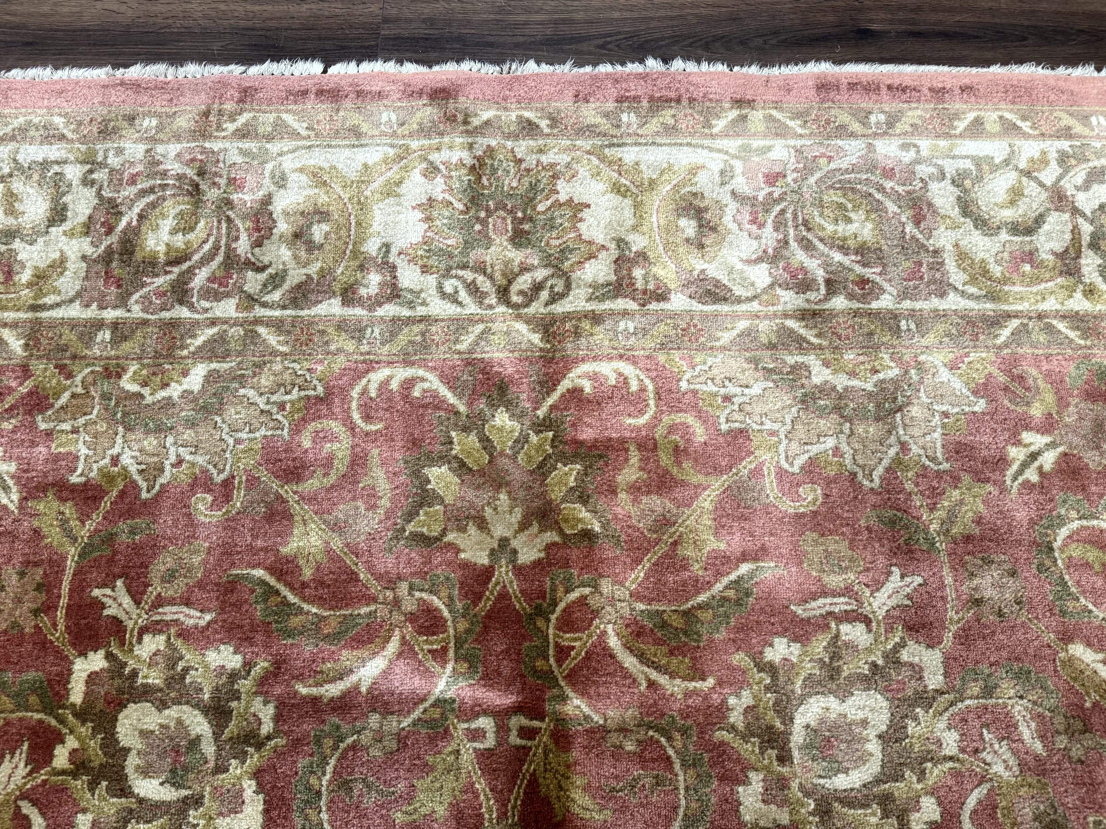 Indian Rug 8x11, Coral and Beige, Floral, Traditional Vintage Wool Carpet