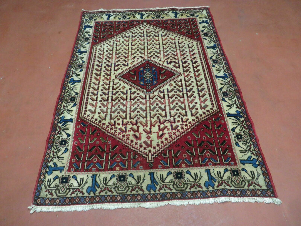 3' X 5' Vintage Handmade India Geometric Oriental Wool Rug Nice Birds Ivory Red