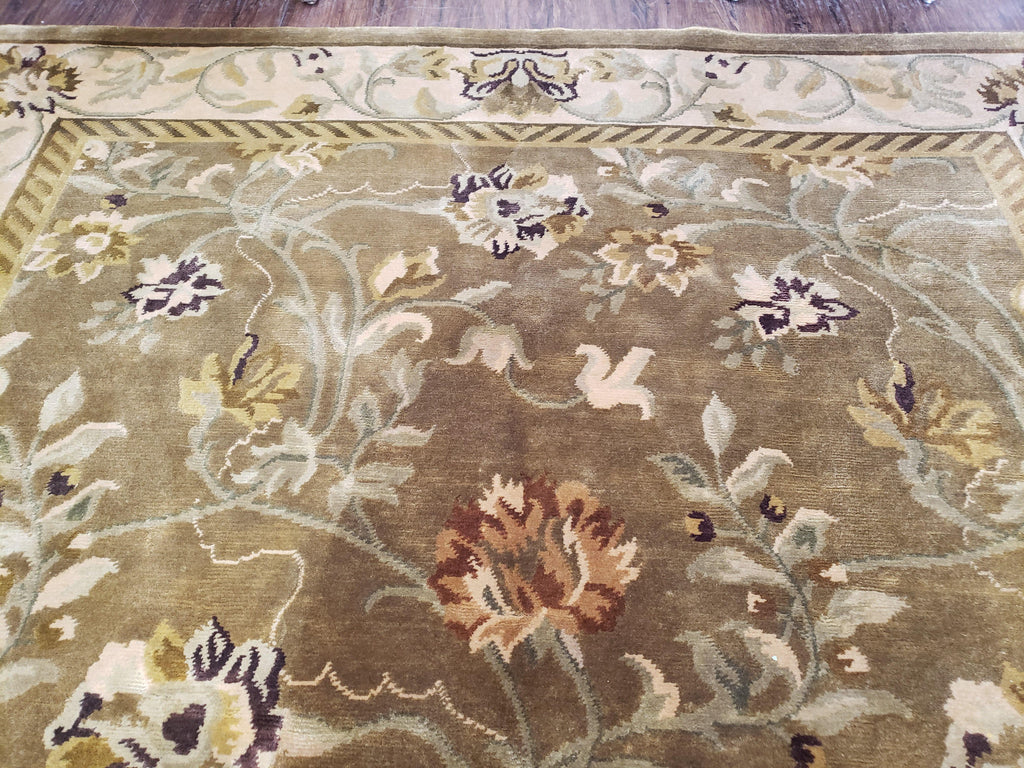 8x10 Tibetan Rug, Green & Beige Floral Rug, Large Handmade Wool Rug