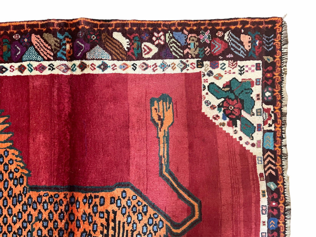 Antique Persian Gabbeh Wool Rug 4x5, Lion Pictorial Rug, Red Orange Black, Hand Knotted Handmade Vintage Gabbeh Carpet 4 x 5 ft, Tribal Rug