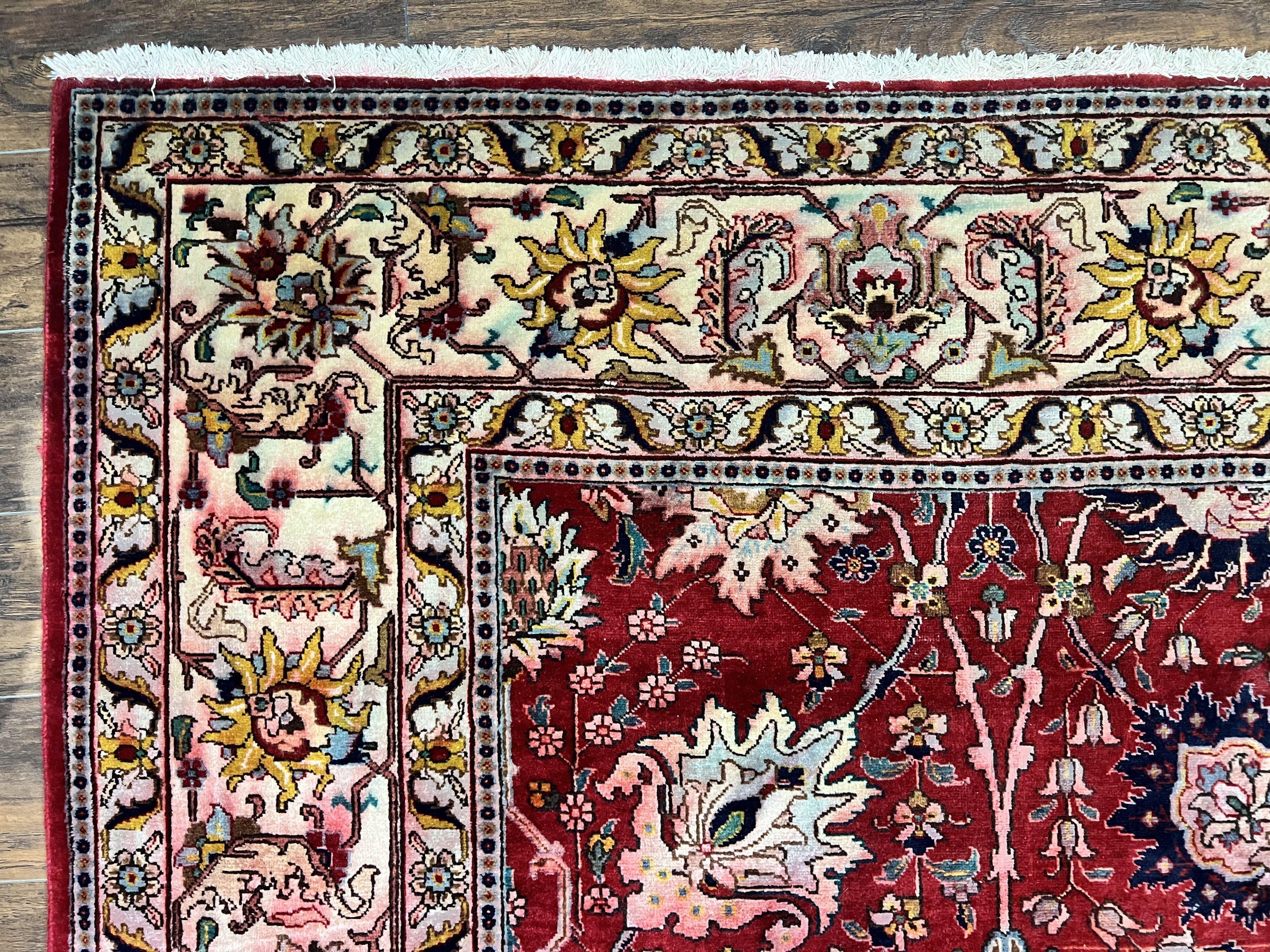 Persian Tabriz Rug 10x12, Floral Allover, Handmade Vintage Wool Carpet, Red and Cream