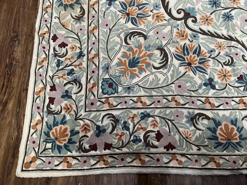 Chain Stitched Rug 9x12 Vintage Carpet 9 x 12 Flatweave Rug, Ivory Teal Rug, Area Rug 9 by 12, Hand Stitched Rug, Medallion, Indian Rug