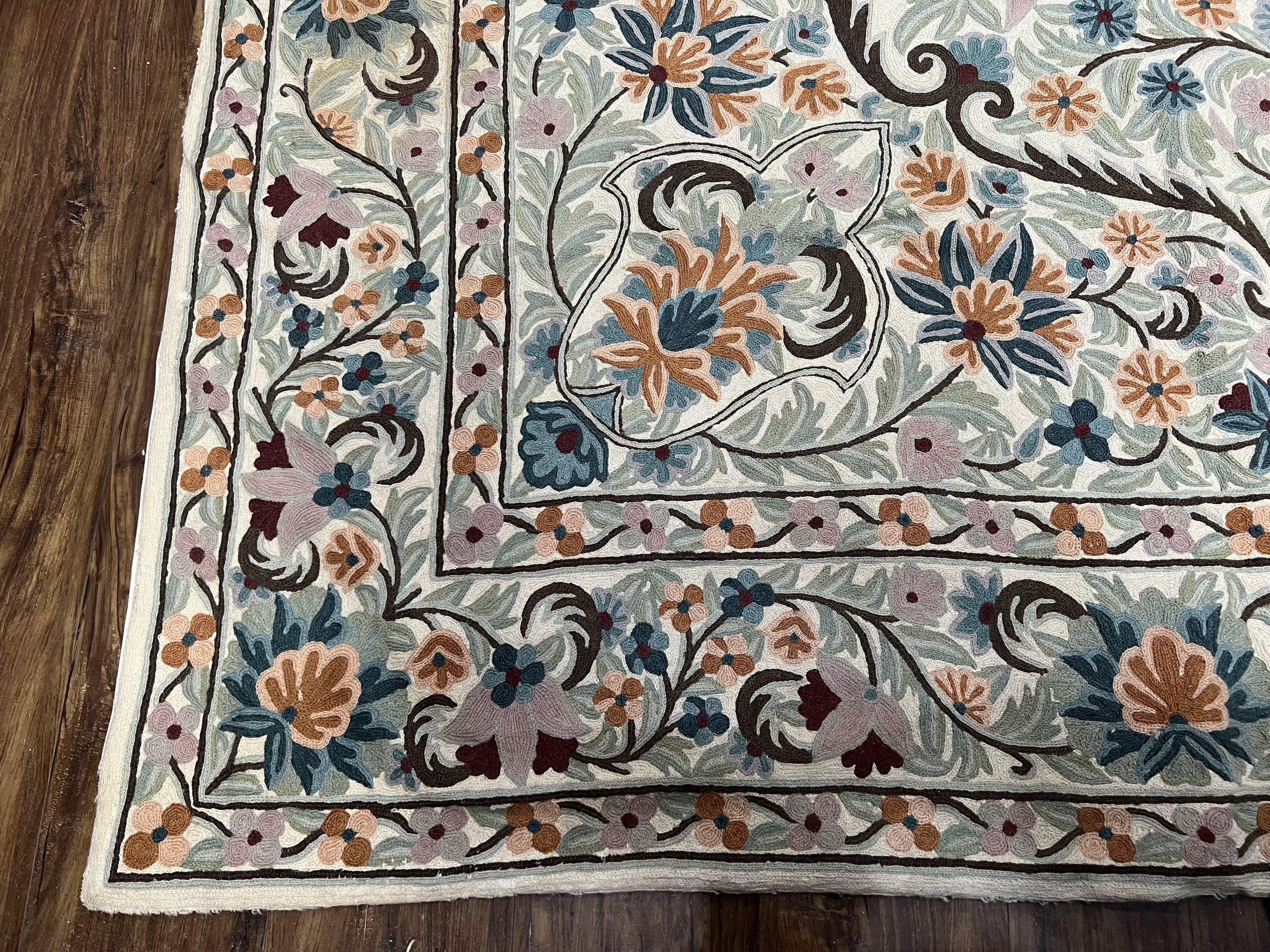 Chain Stitched Rug 9x12 Vintage Carpet 9 x 12 Flatweave Rug, Ivory Teal Rug, Area Rug 9 by 12, Hand Stitched Rug, Medallion, Indian Rug