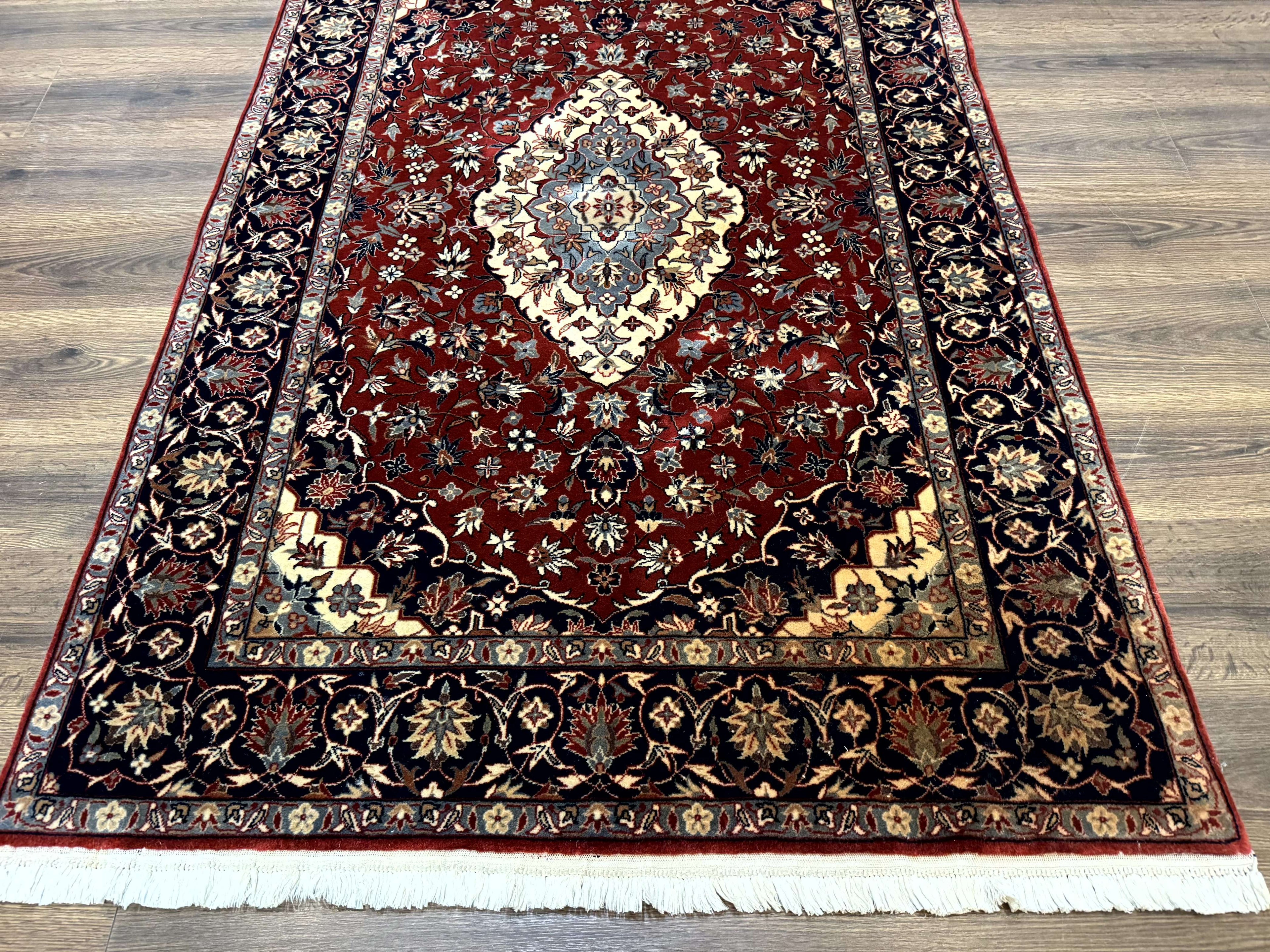 Sino Persian Rug 4x6, Traditional Wool Hand Knotted Carpet, Red Navy Blue, 225 KPSI